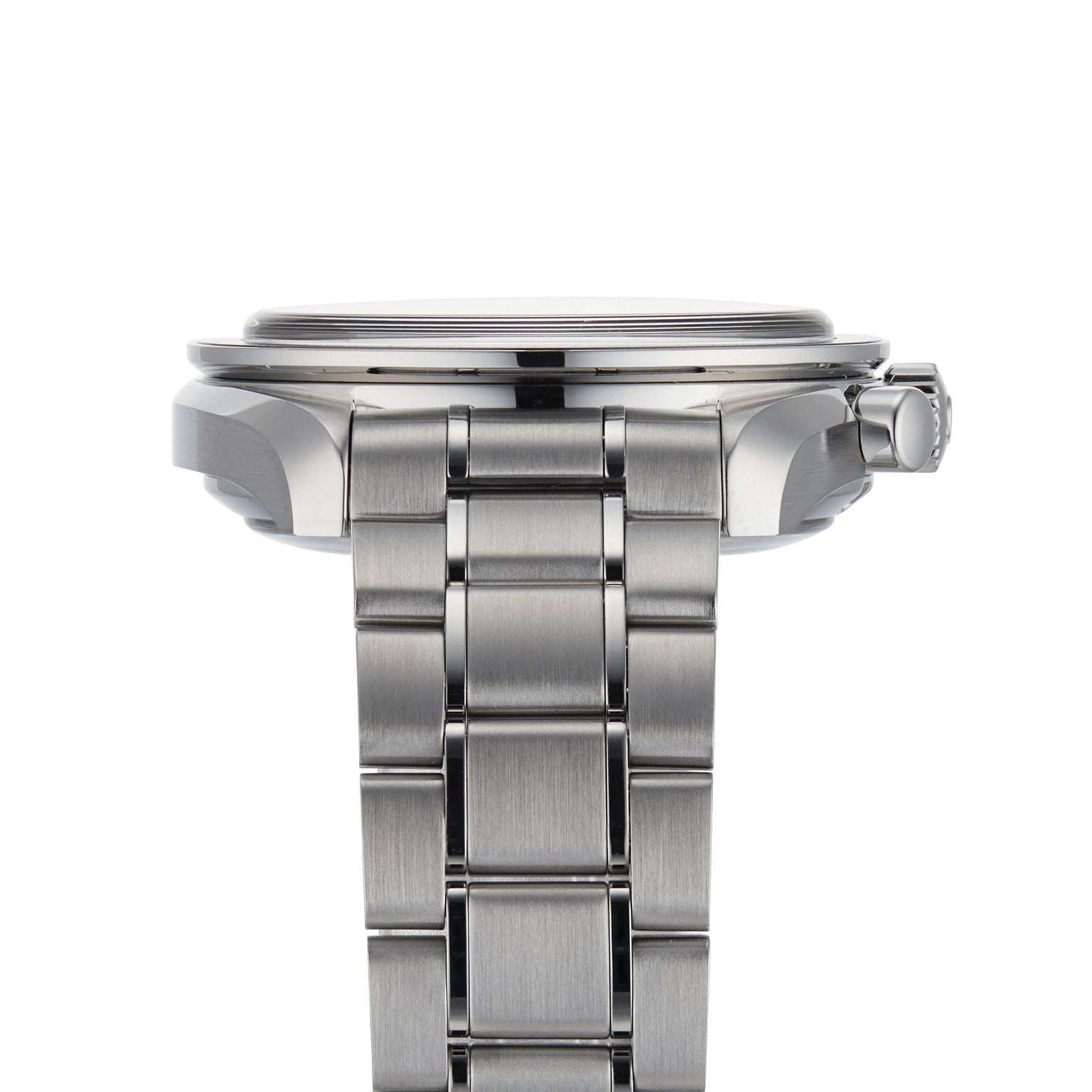 Side view of an OMEGA Speedmaster Racing with a stainless steel link bracelet and round case, featuring the crown, Master Chronometer certification, and a brushed Liquidmetal™ finish.