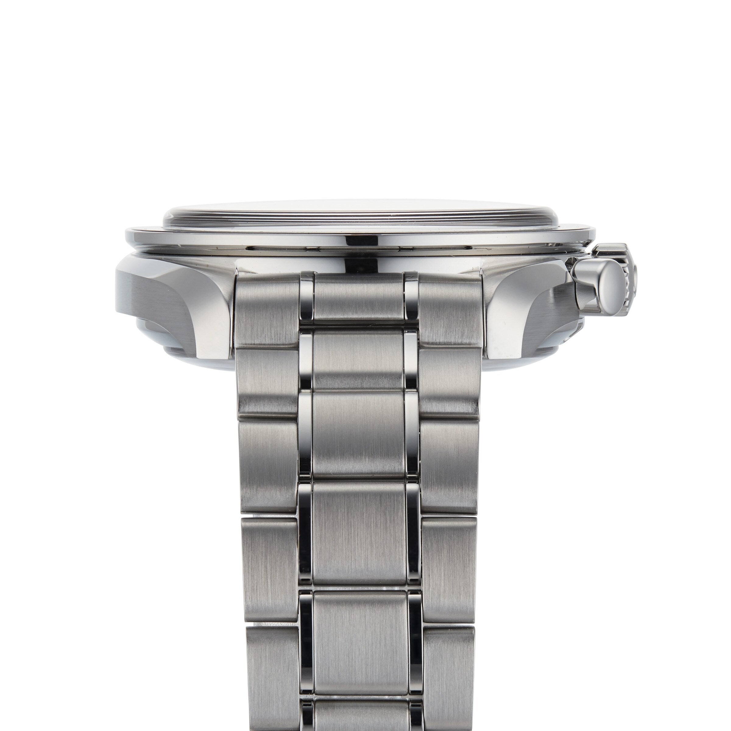 Side view of an OMEGA Speedmaster Racing with a stainless steel link bracelet and round case, featuring the crown, Master Chronometer certification, and a brushed Liquidmetal™ finish.