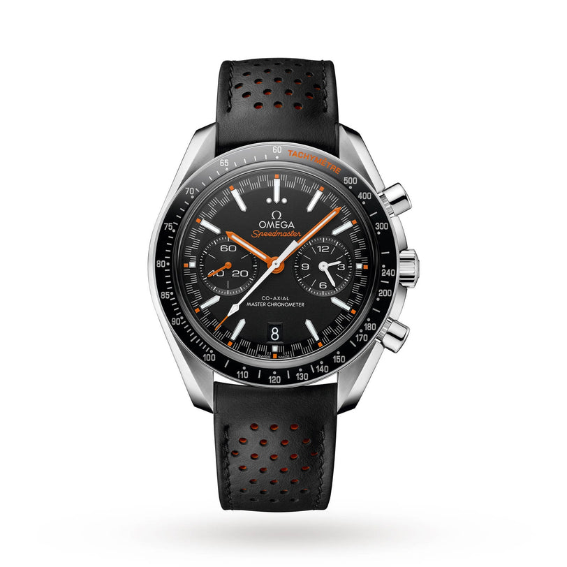 An OMEGA Speedmaster Racing wristwatch with a perforated leather strap, black dial, orange accents, three subdials, and 9900 calibre movement is shown against a plain white background.