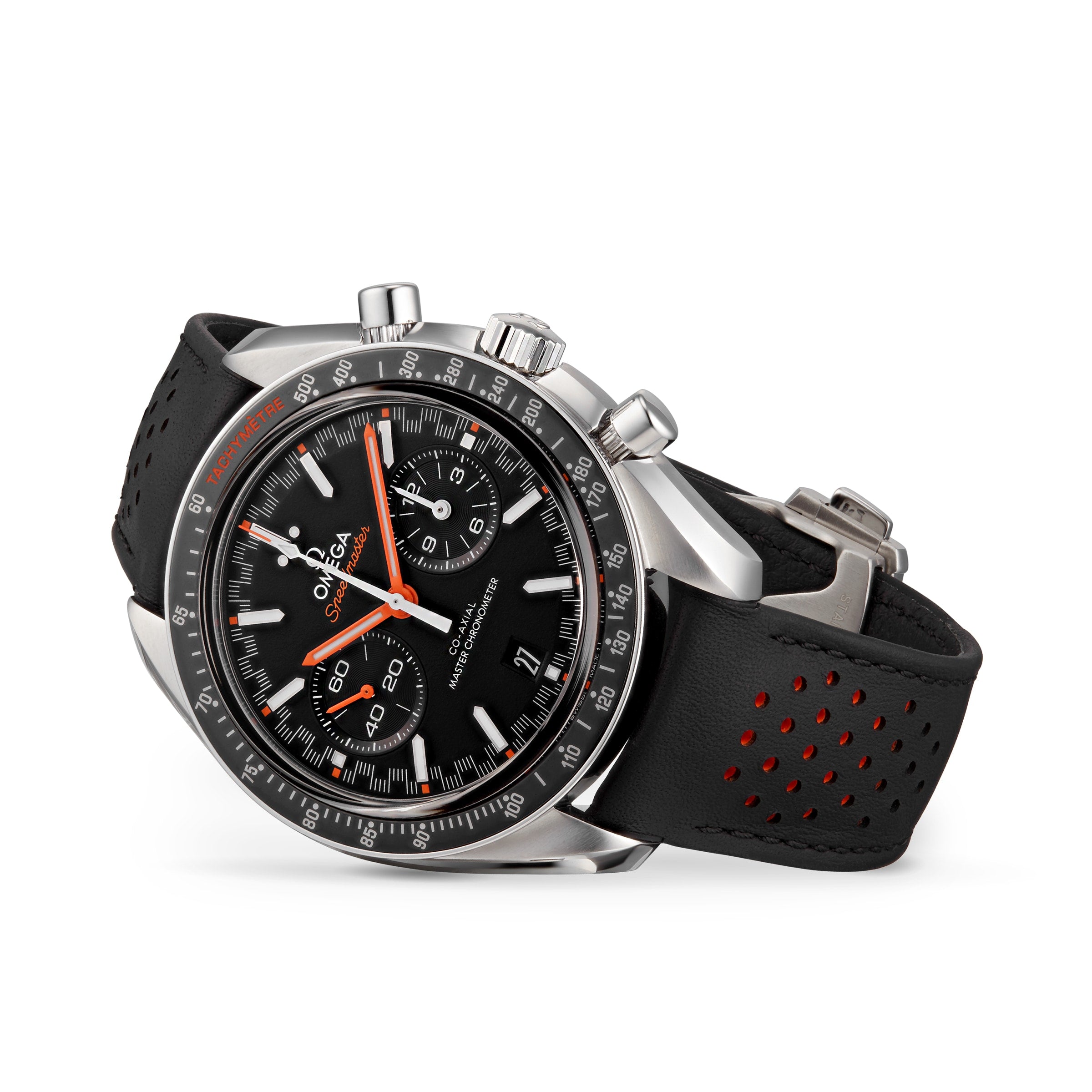 The OMEGA Speedmaster Racing features a stainless steel case, black dial with chronograph subdials and date display, Master Chronometer 9900 calibre movement, and a black perforated leather strap with red accents.