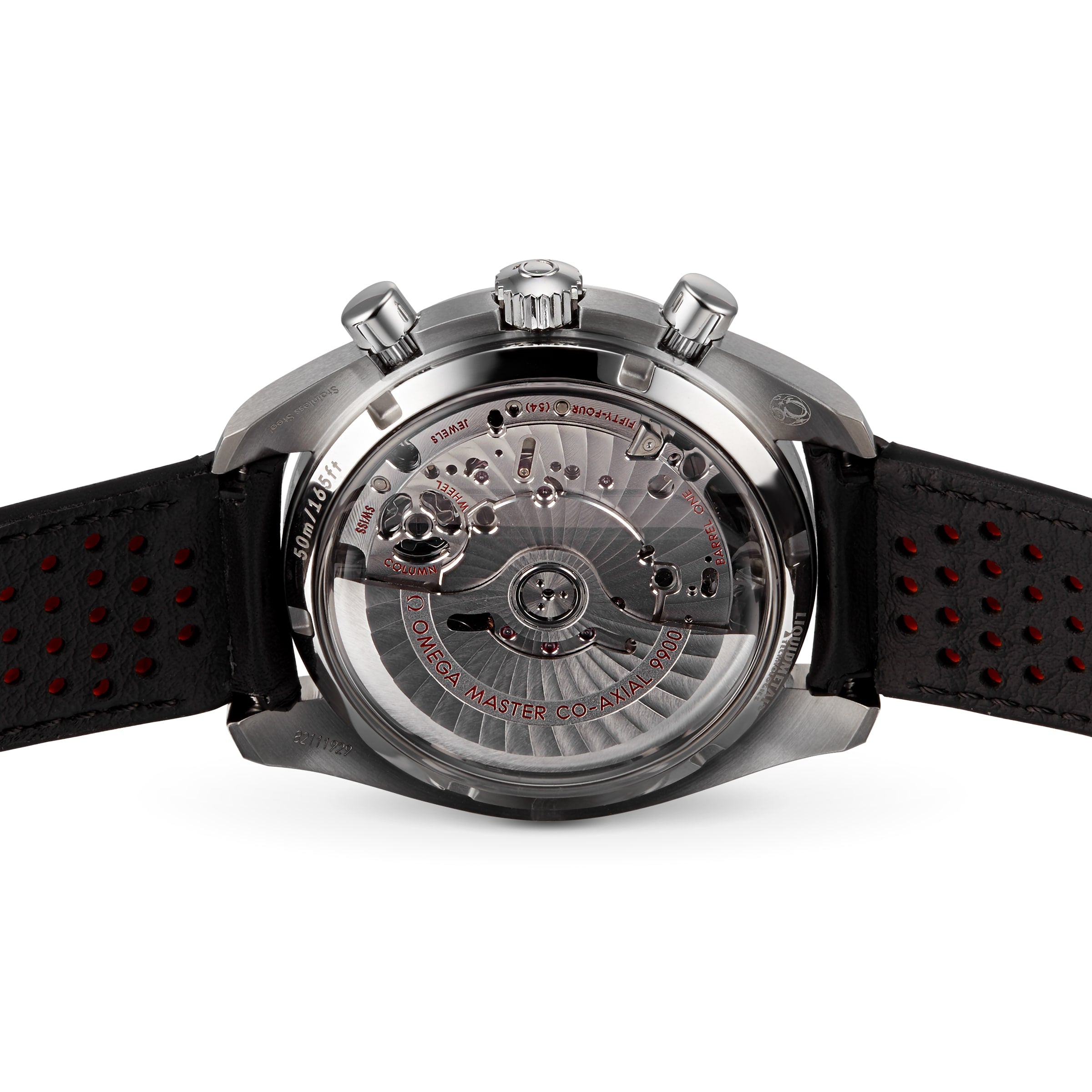 Close-up of the OMEGA Speedmaster Racing, highlighting its exposed Master Chronometer 9900 calibre movement and rotor through the caseback; the watch has a black perforated strap with red accents.