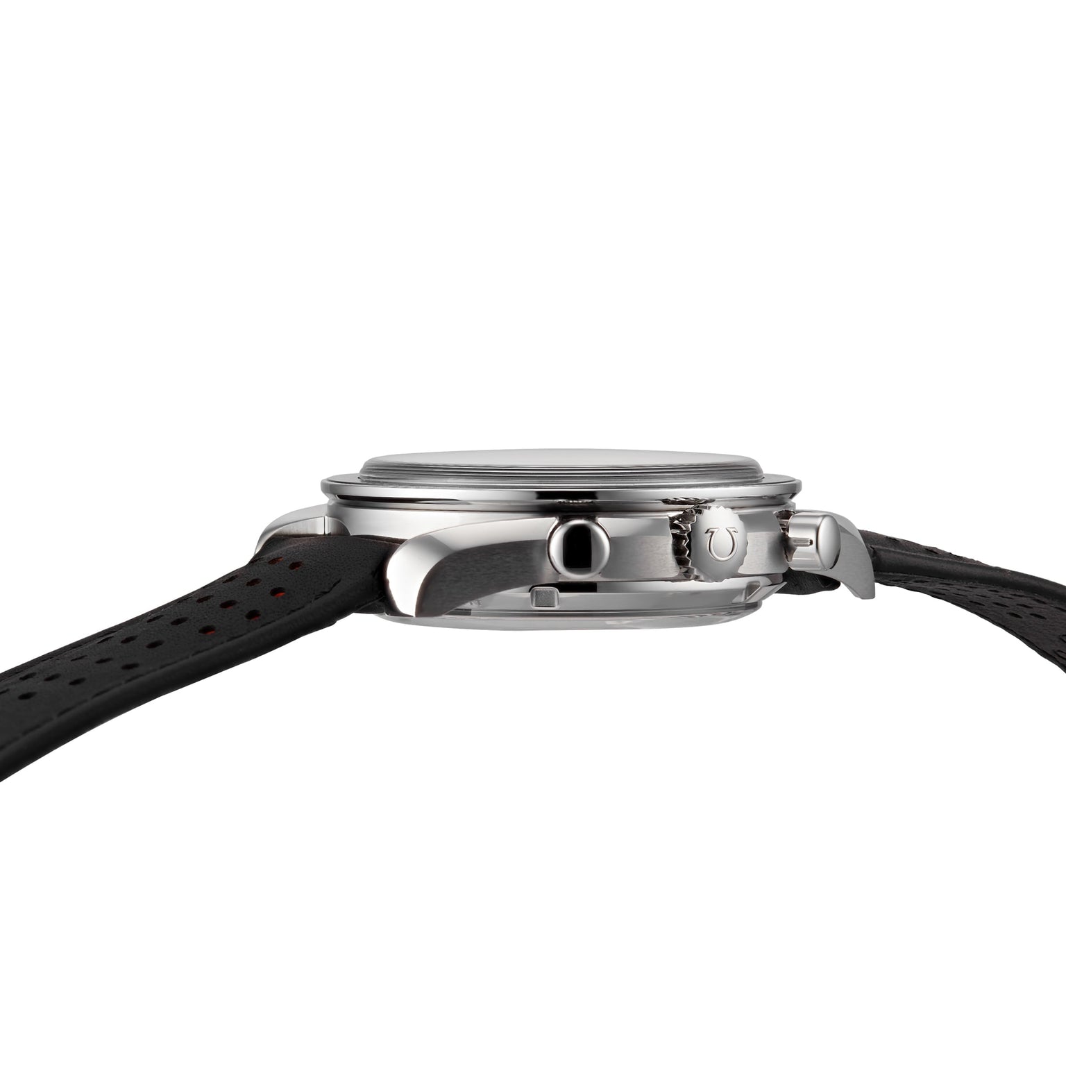 Side view of the OMEGA Speedmaster Racing wristwatch, featuring a round silver case, crown, two push buttons, black perforated leather strap, and powered by the 9900 calibre movement.