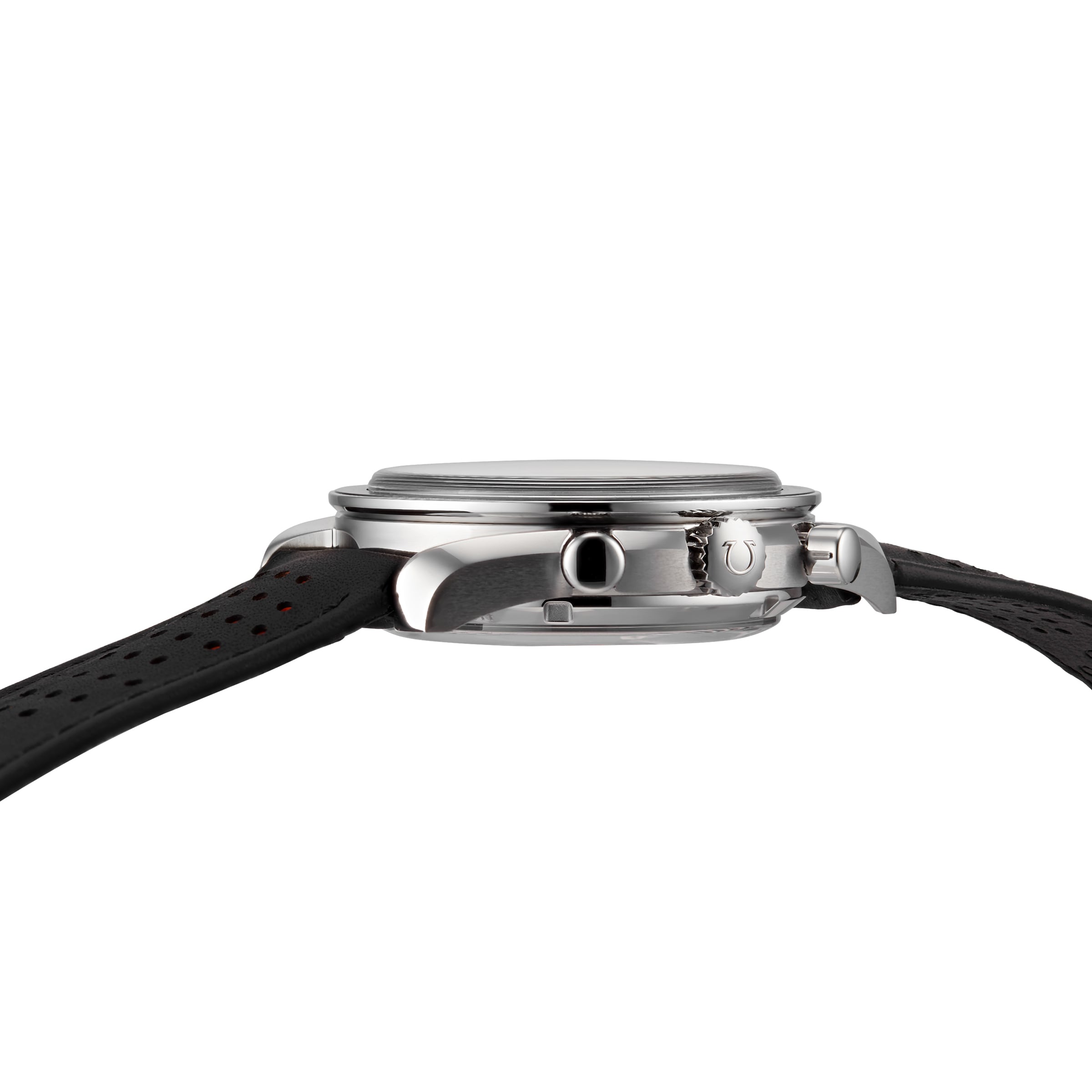 Side view of the OMEGA Speedmaster Racing wristwatch, featuring a round silver case, crown, two push buttons, black perforated leather strap, and powered by the 9900 calibre movement.