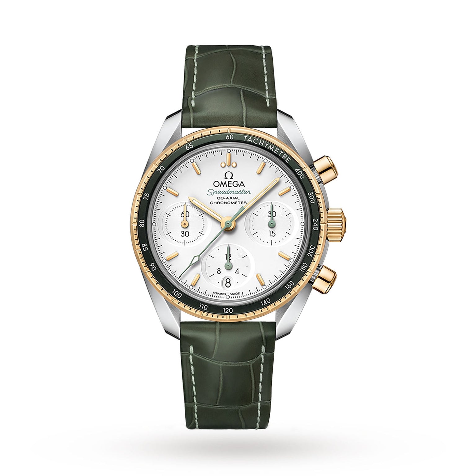 A luxury OMEGA Speedmaster 38 wristwatch with a white dial, gold bezel, green leather strap, and three subdials, powered by the precise Co-Axial calibre—a tribute to historic lunar mission timepieces.