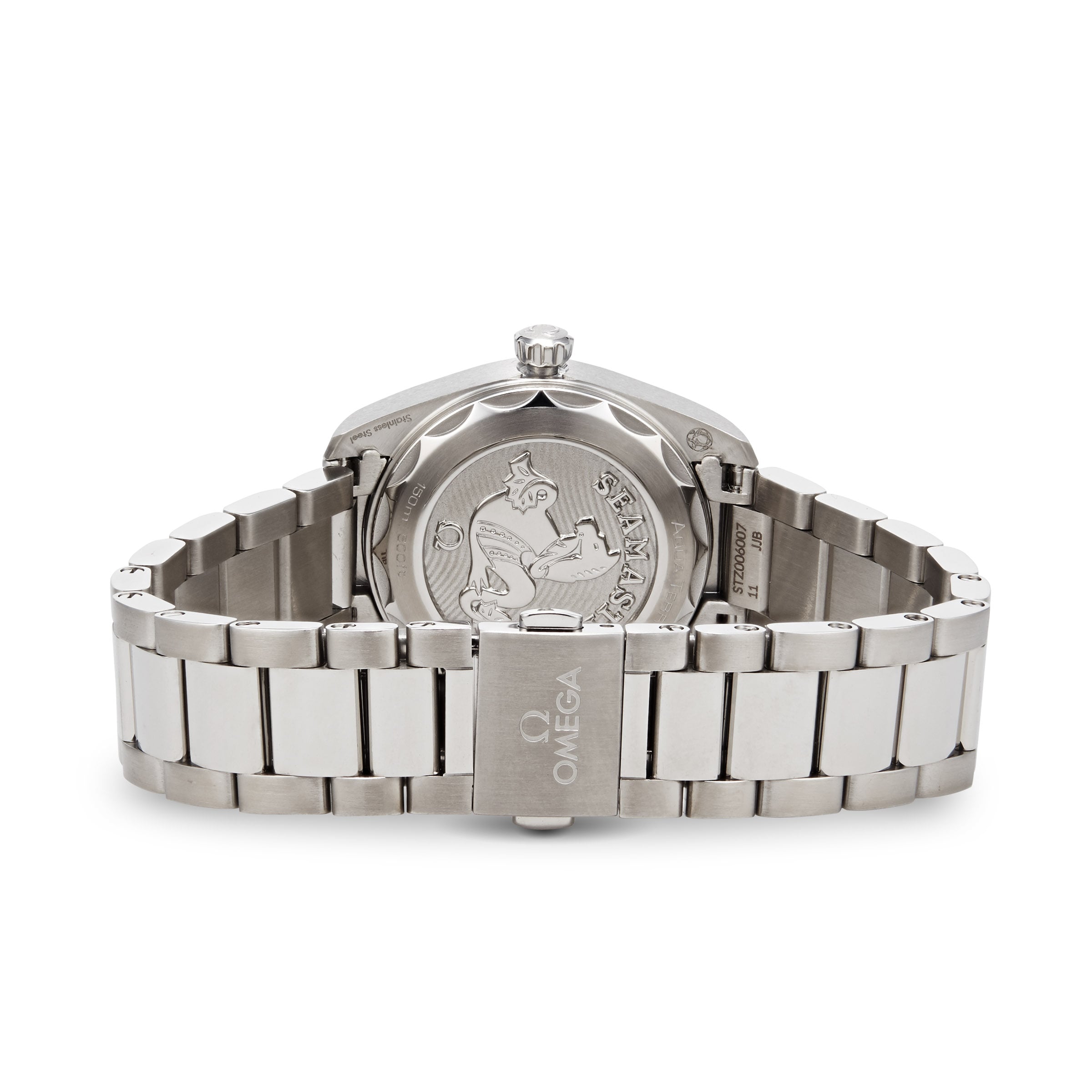 Back view of the OMEGA Seamaster Aqua Terra 150M, highlighting its engraved case back and branded clasp—a tribute to its maritime legacy.