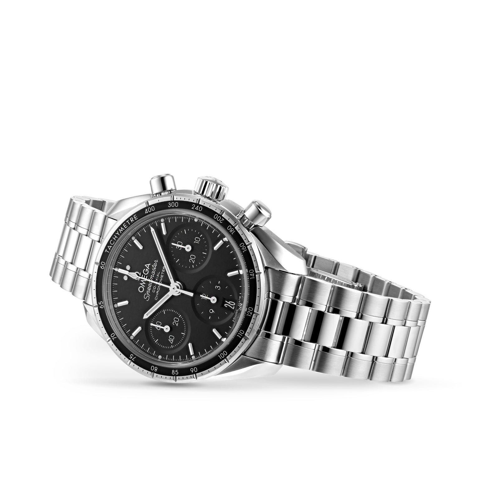The OMEGA Speedmaster 38 is a stainless steel wristwatch with a black dial, three subdials, tachymeter bezel, and metal link bracelet—an iconic choice among OMEGA chronographs.