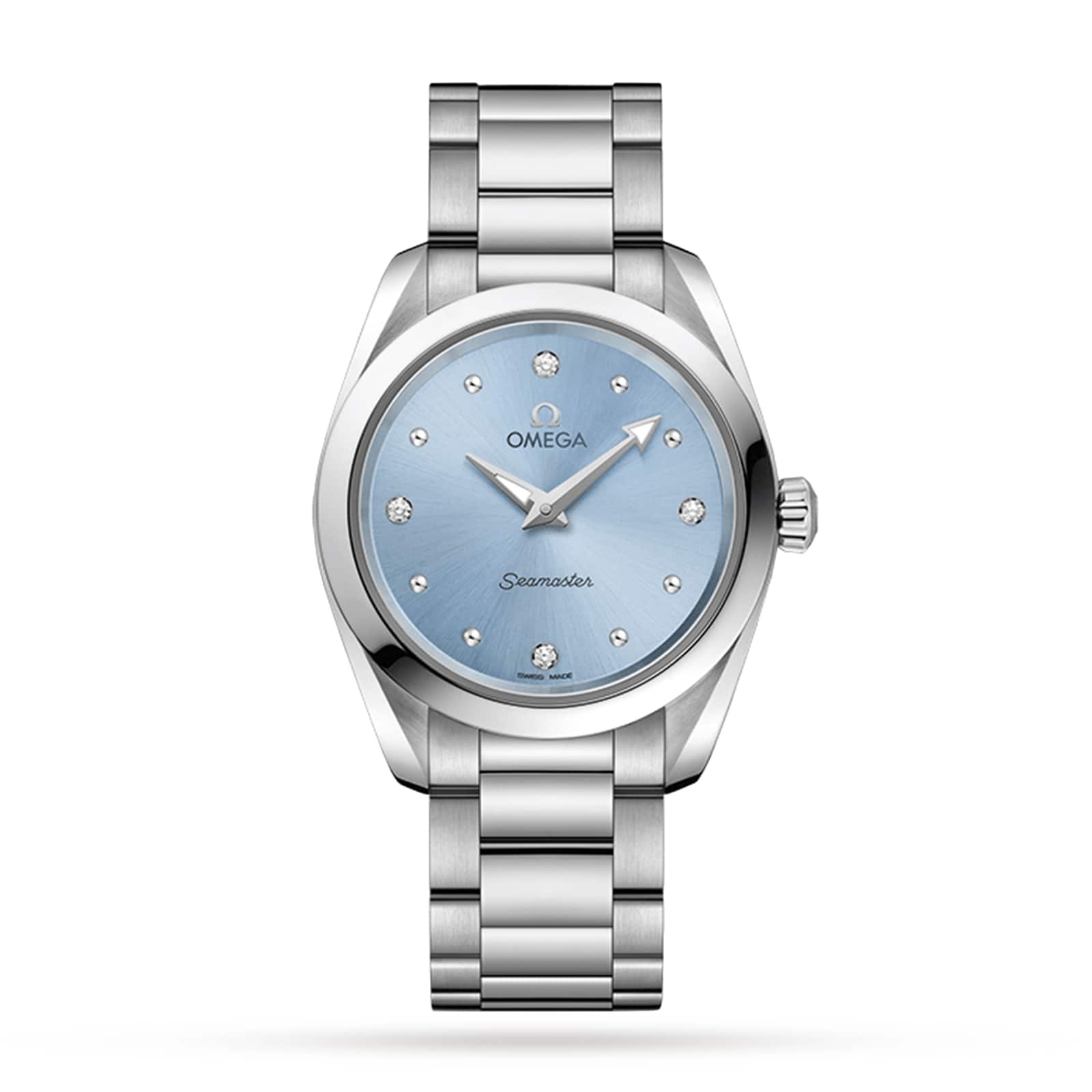 An OMEGA Seamaster Aqua Terra 150M wristwatch with a silver metal link band, light blue dial, and diamond indexes, displayed against a plain white background.