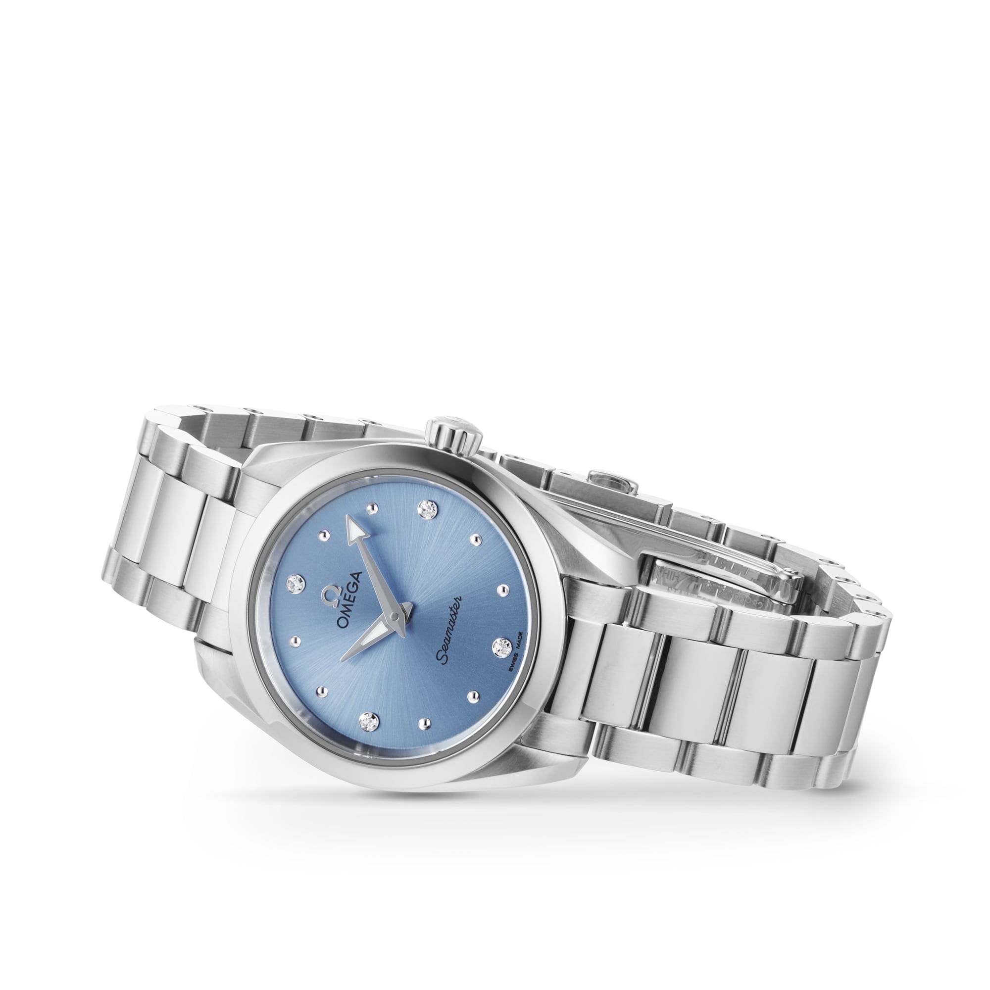 A silver OMEGA Seamaster Aqua Terra 150M wristwatch with a light blue dial, diamond indexes, and a metal link bracelet is displayed on a white background.
