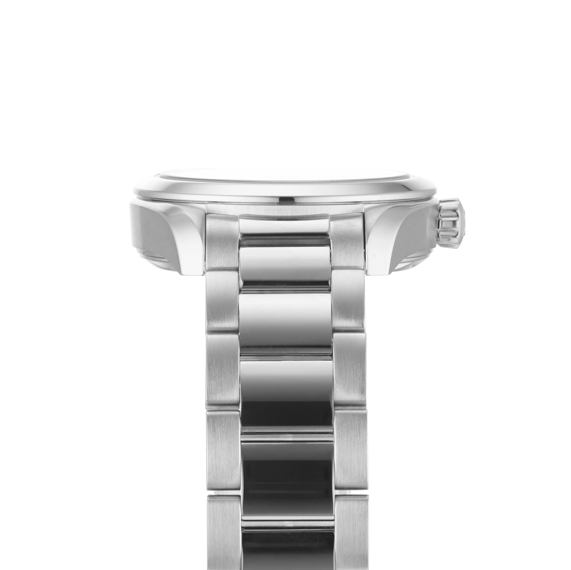Side view of an OMEGA Seamaster Aqua Terra 150M stainless steel watch with metal link bracelet and crown on the right, displayed against a white background.