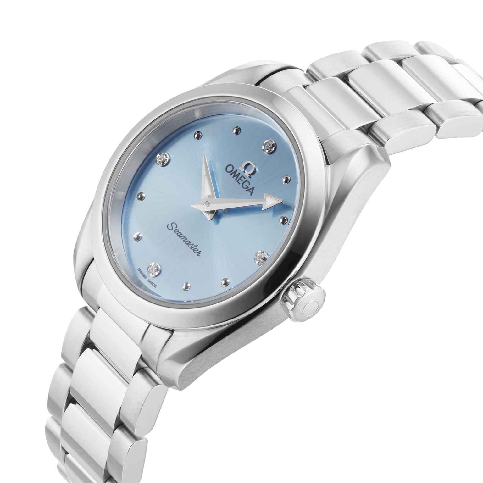 An OMEGA Seamaster Aqua Terra 150M wristwatch with a light blue dial, diamond indexes, and a stainless steel link bracelet is displayed at an angle on a white background.