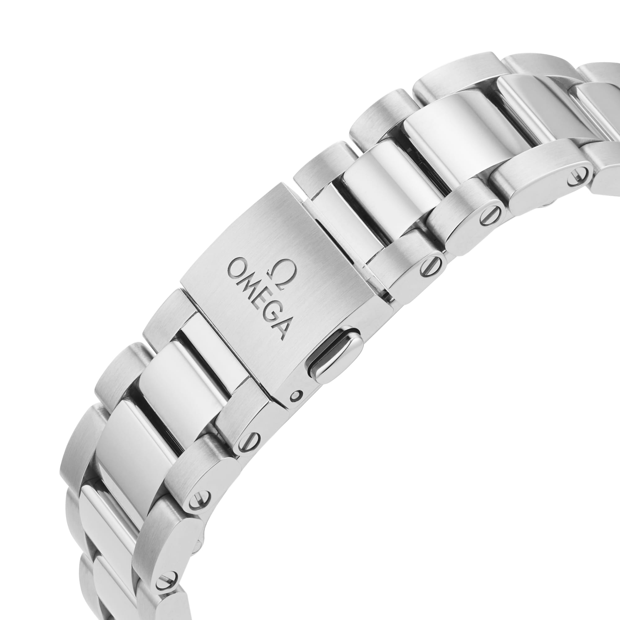 Close-up of a stainless steel OMEGA Seamaster Aqua Terra 150M bracelet with clasp, displaying the OMEGA logo.