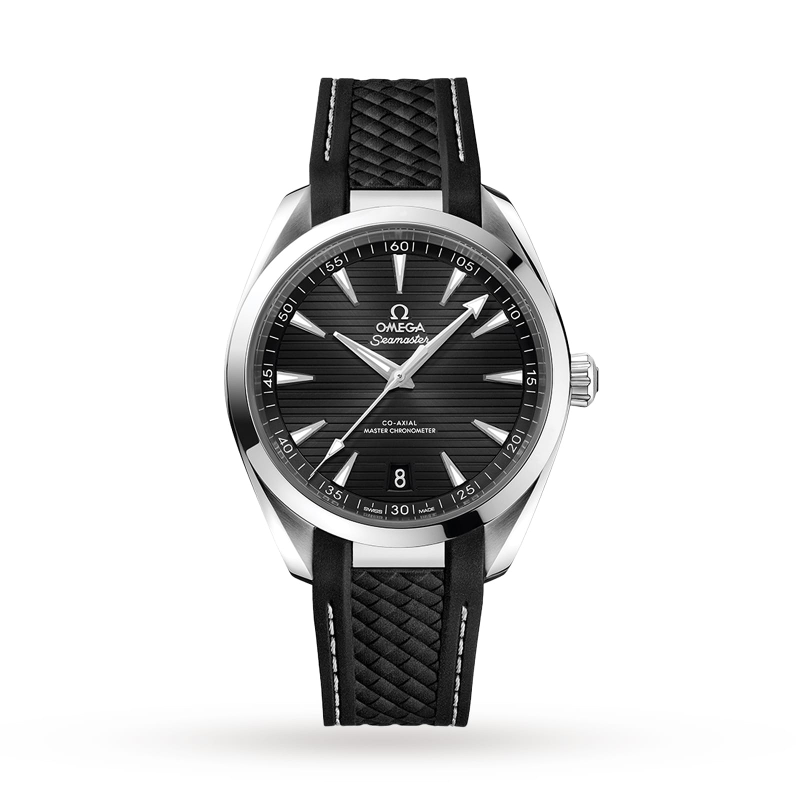 A black OMEGA Seamaster Aqua Terra 150M wristwatch with a striped black dial, silver hour markers, date at 6 o’clock, and a black textured strap is displayed on a white background—ideal for luxury sailboat enthusiasts.