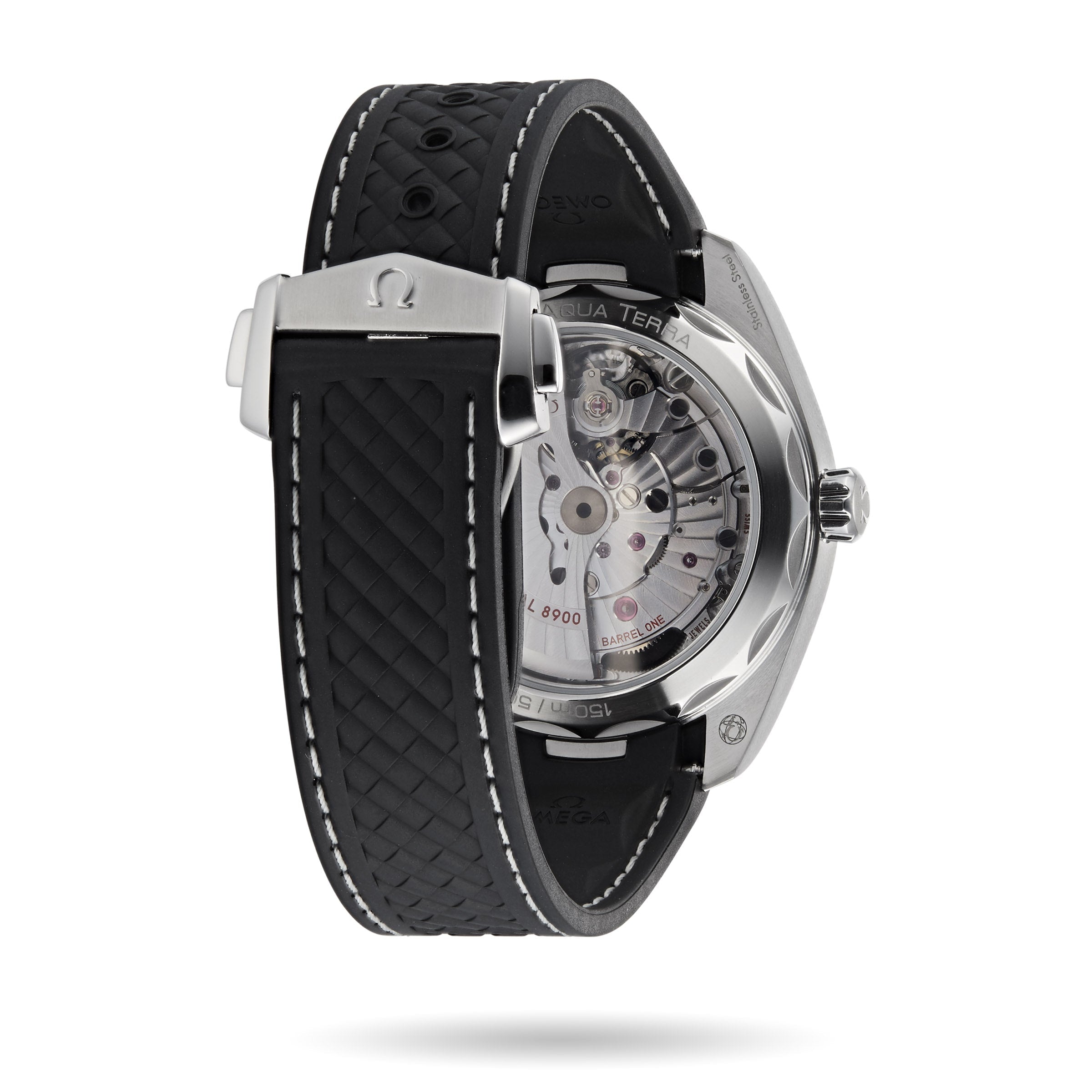 Back view of the OMEGA Seamaster Aqua Terra 150M showcasing its transparent case back, visible Master Chronometer movement, and black textured rubber strap with metal clasp.