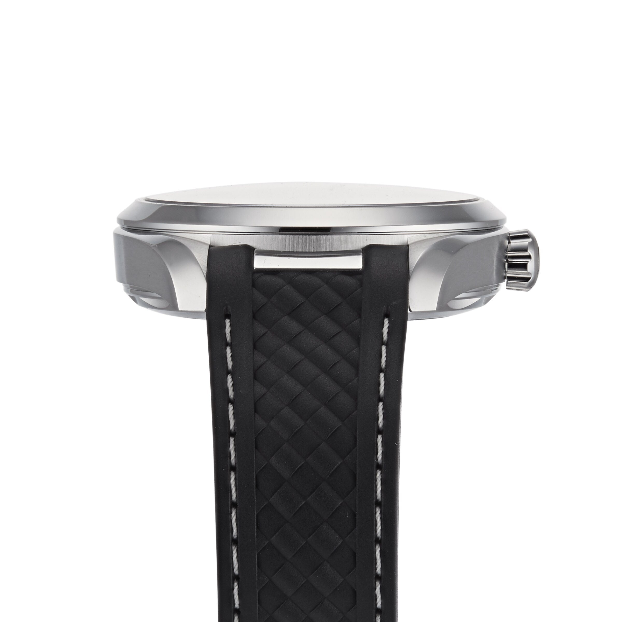 Side view of the OMEGA Seamaster Aqua Terra 150M with a silver case, ridged crown, and black textured strap with white stitching—crafted to Master Chronometer standards.