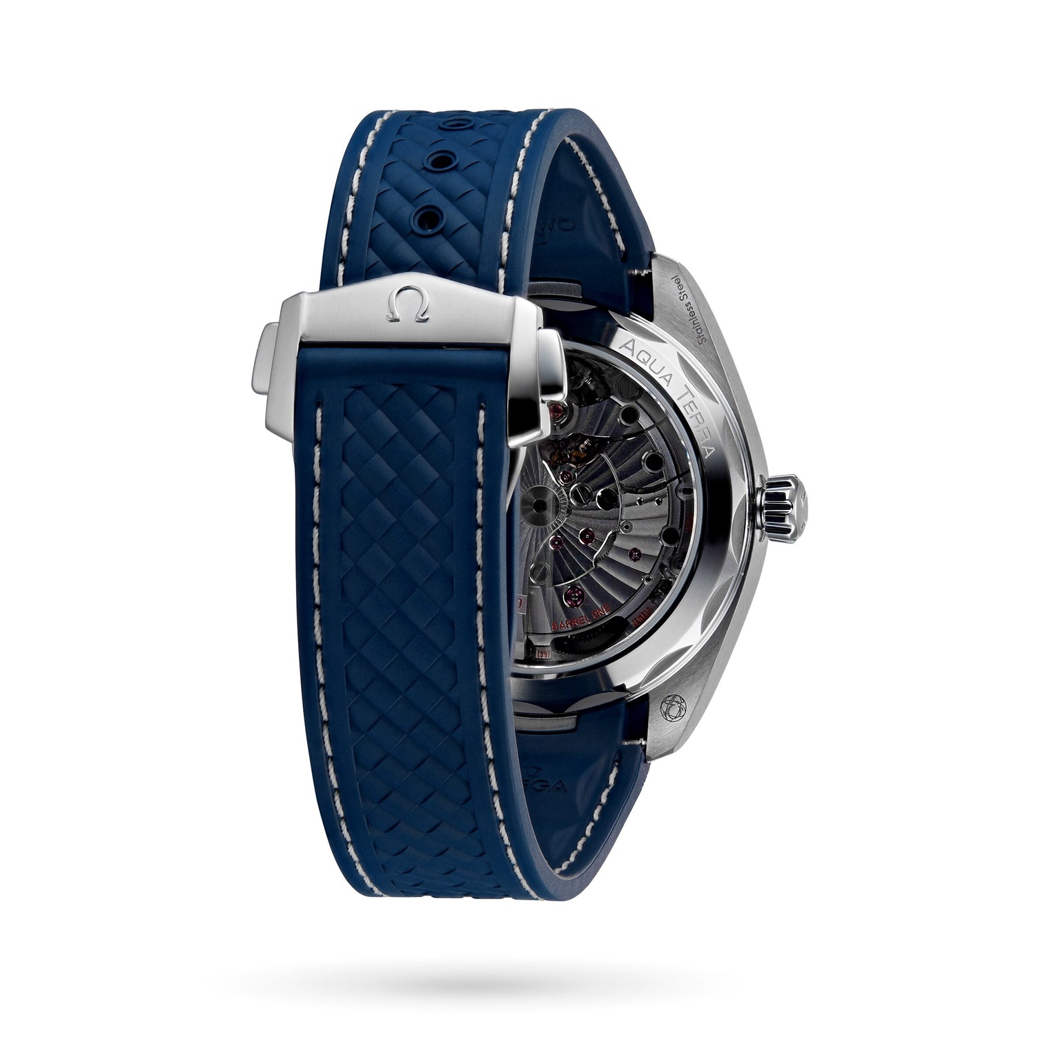 A close-up of the back of the OMEGA Seamaster Aqua Terra 150M shows its exposed Master Chronometer movement, stainless steel case, and blue textured strap.