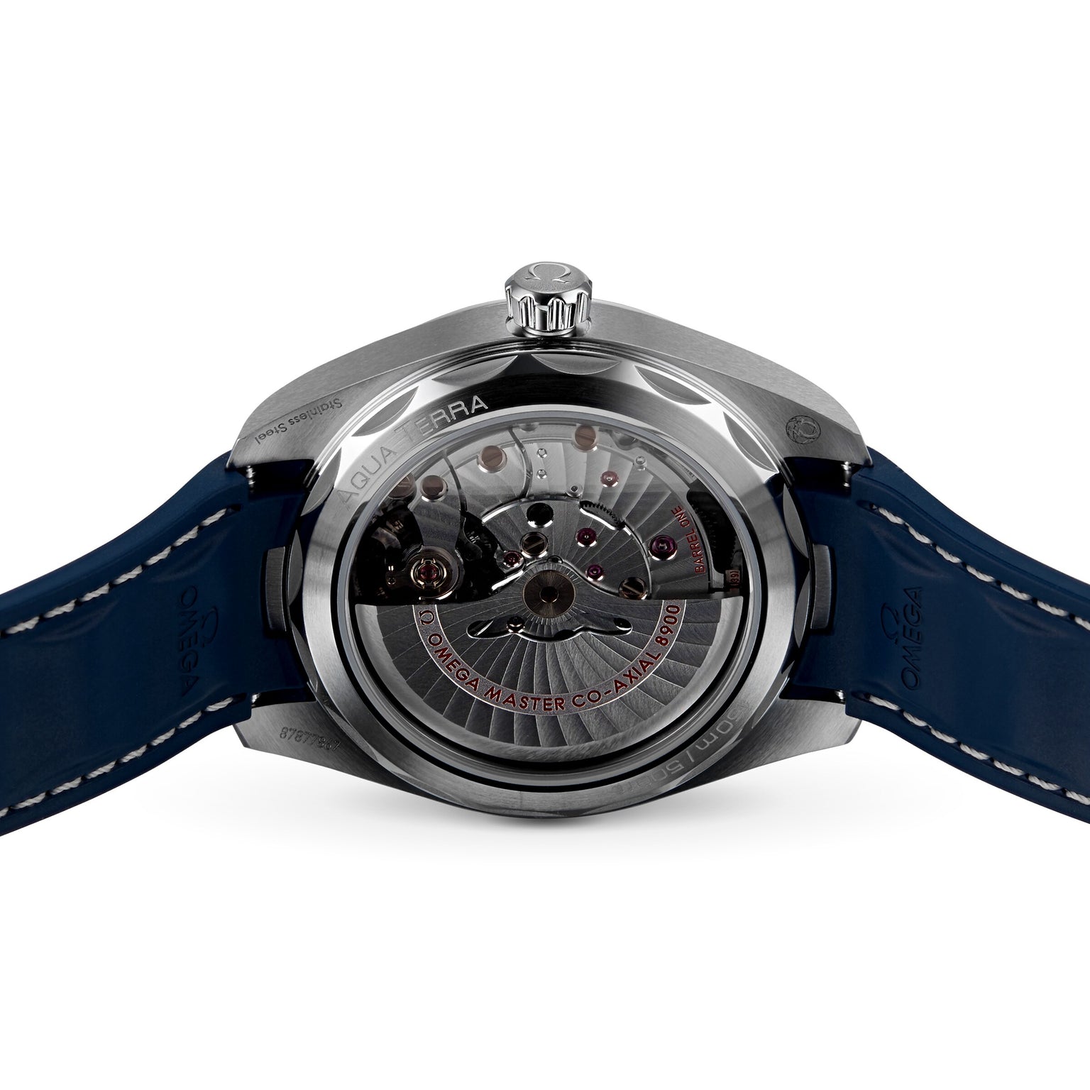 Close-up of the back of an OMEGA Seamaster Aqua Terra 150M, showing its exposed Master Chronometer movement, blue rubber strap, and signature branding.