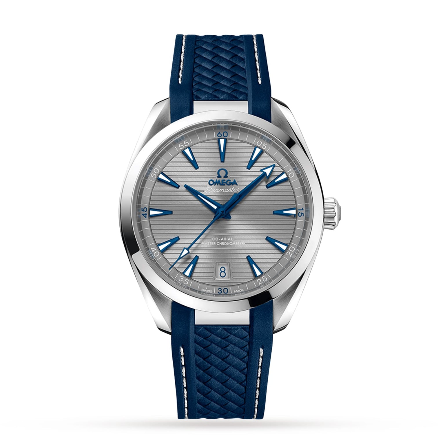The OMEGA Seamaster Aqua Terra 150M features a silver case, textured grey dial, blue hour markers and hands, date display, and a blue textured strap, photographed on a white background.