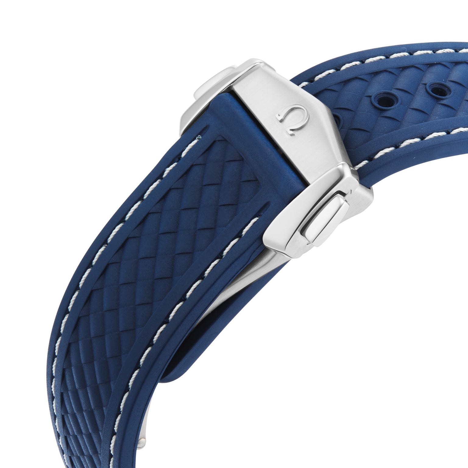 Close-up of a blue textured rubber watch strap with white stitching and stainless steel deployment clasp, designed for the OMEGA Seamaster Aqua Terra 150M.