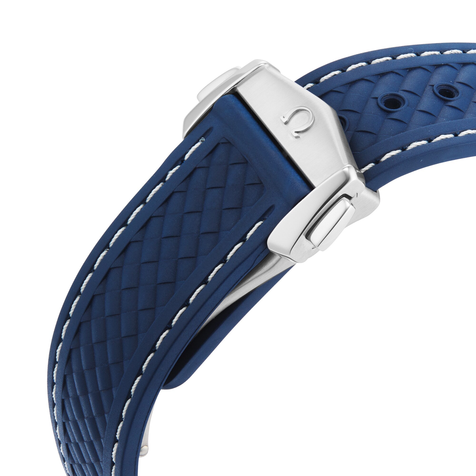 Close-up of a blue textured rubber watch strap with white stitching and stainless steel deployment clasp, designed for the OMEGA Seamaster Aqua Terra 150M.