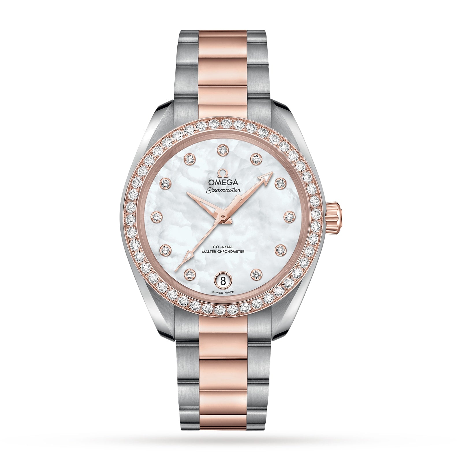 The OMEGA Seamaster Aqua Terra 150M features a two-tone silver and rose gold bracelet, diamond-set bezel, mother-of-pearl dial with diamond hour markers, date at 6 o’clock, and is powered by the precise 8800 calibre movement.