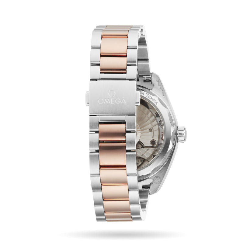Close-up of the back of the OMEGA Seamaster Aqua Terra 150M, showing a silver and rose gold bracelet and a transparent case back that displays the 8800 calibre movement.