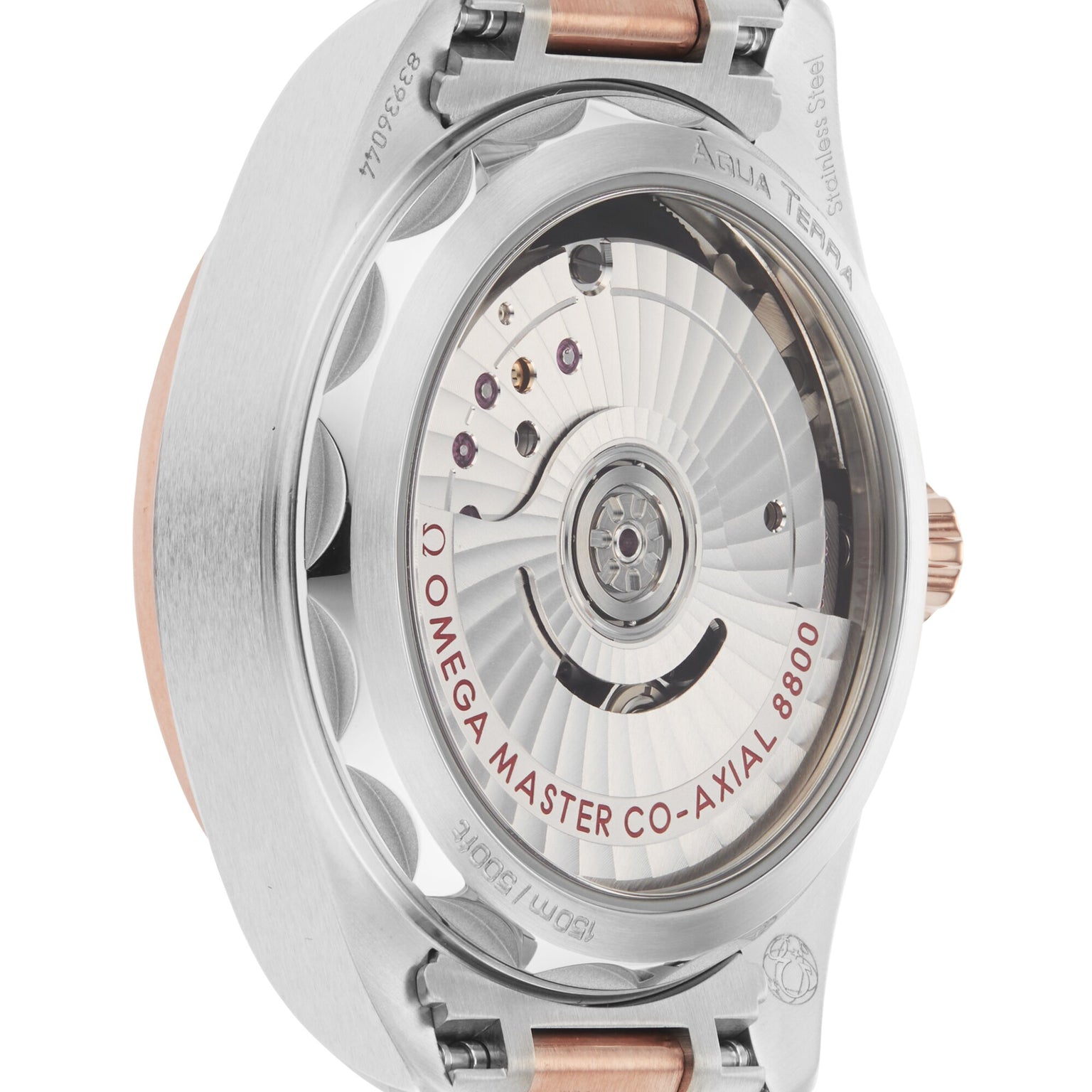 Close-up view of the OMEGA Seamaster Aqua Terra 150M’s transparent case back displaying the Master Chronometer 8800 calibre movement.