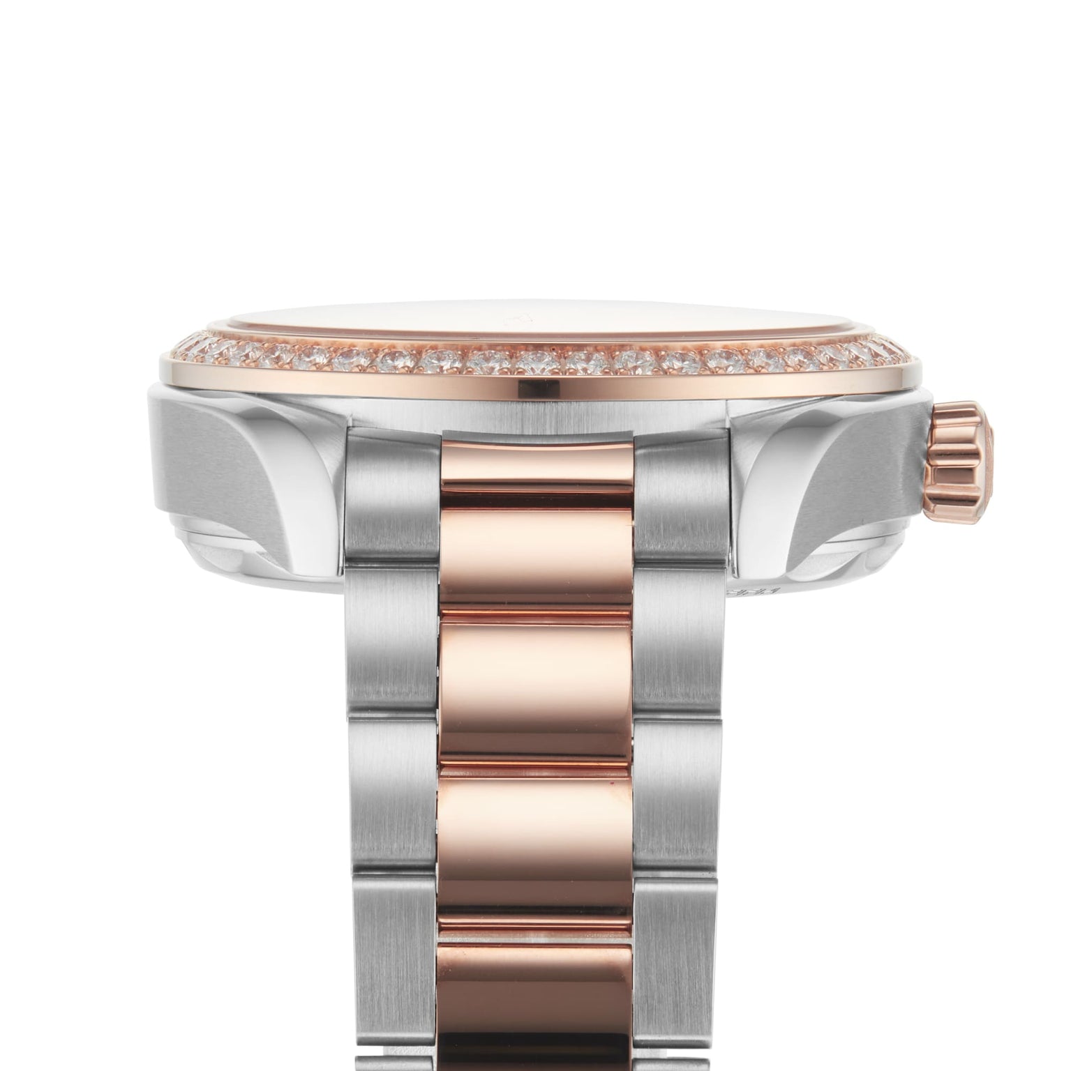 Close-up side view of the OMEGA Seamaster Aqua Terra 150M, featuring a rose gold and silver metal band, diamond-studded bezel, and powered by the precise 8800 calibre movement.