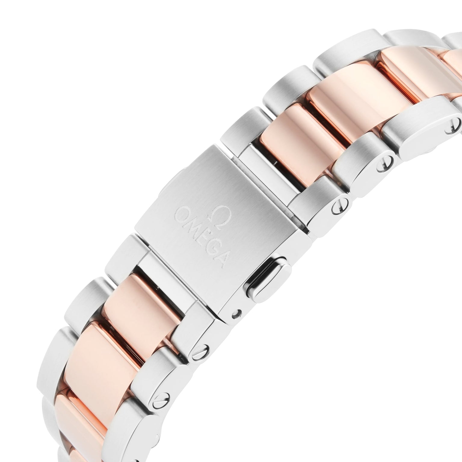 Close-up of an OMEGA Seamaster Aqua Terra 150M bracelet featuring silver and rose gold links, with the clasp engraved with the OMEGA logo.