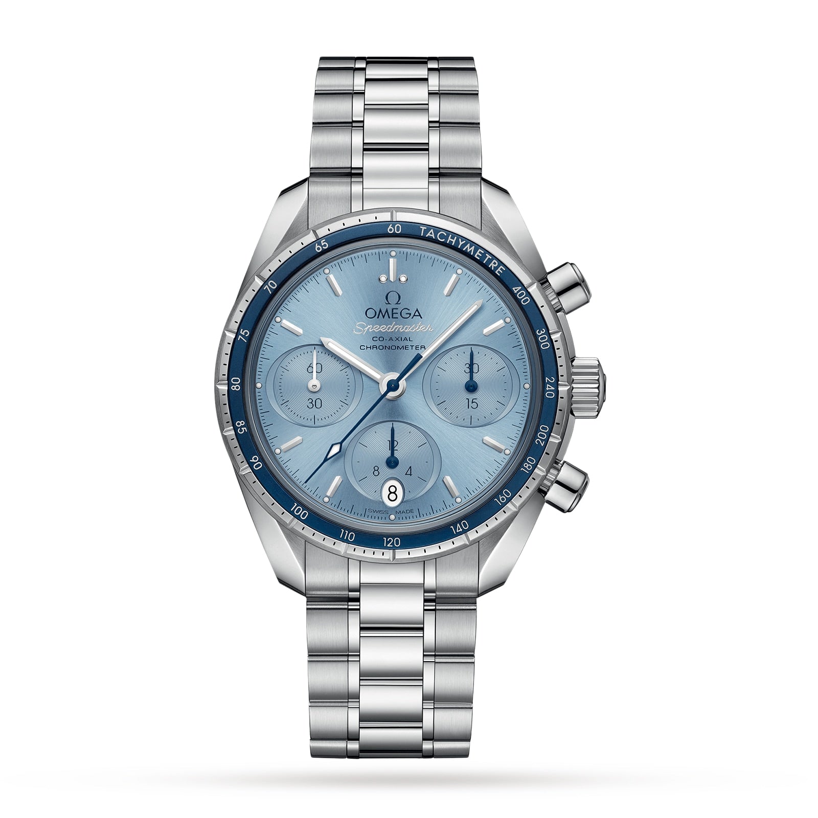 An OMEGA Speedmaster 38 wristwatch in stainless steel features a blue dial with three subdials, date display, and tachymeter bezel on a metal bracelet, powered by the 3330 calibre movement and shown against a white background.