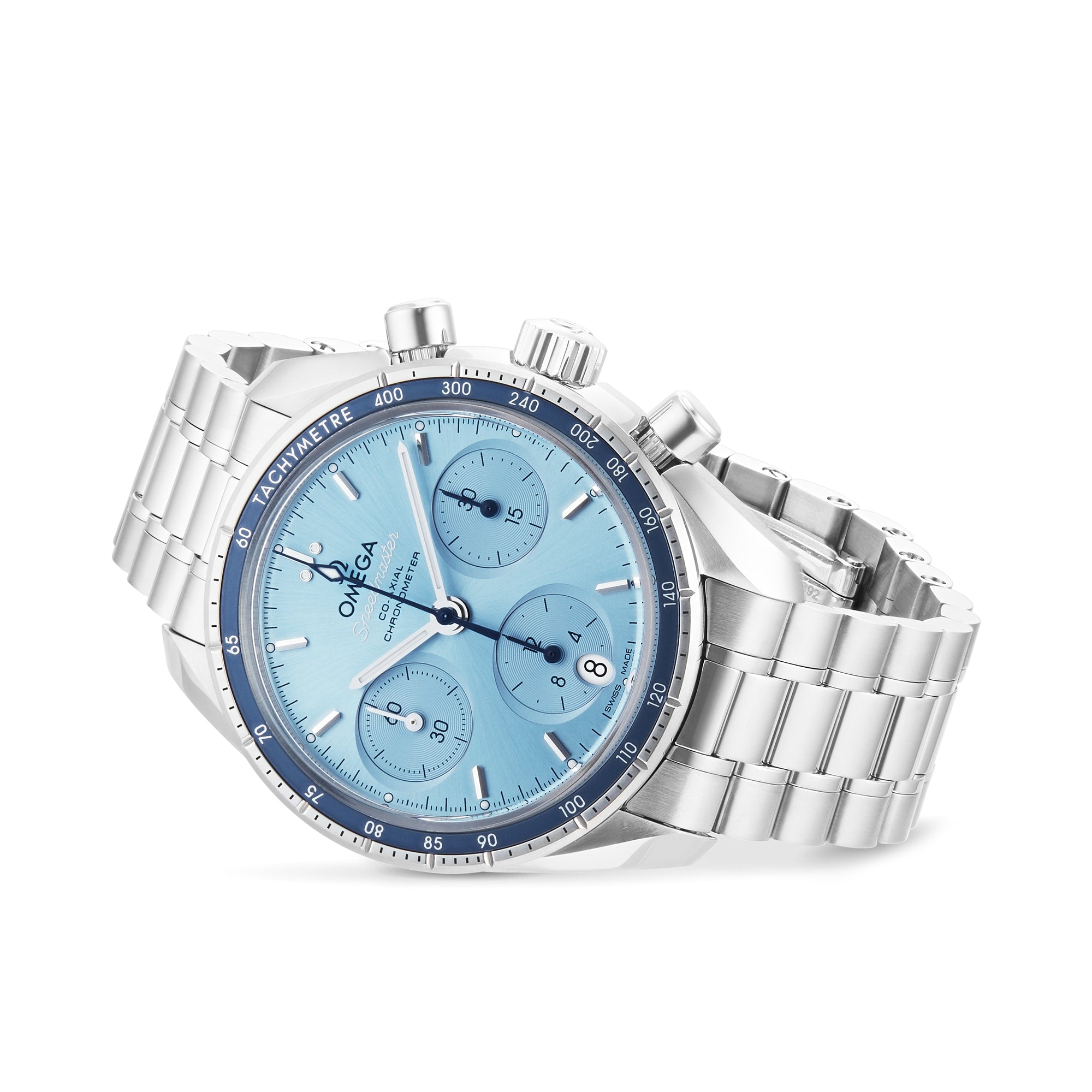 A silver OMEGA Speedmaster 38 wristwatch with a stainless steel case, light blue dial, three subdials, tachymeter bezel, and metal link bracelet is displayed at a slight angle.