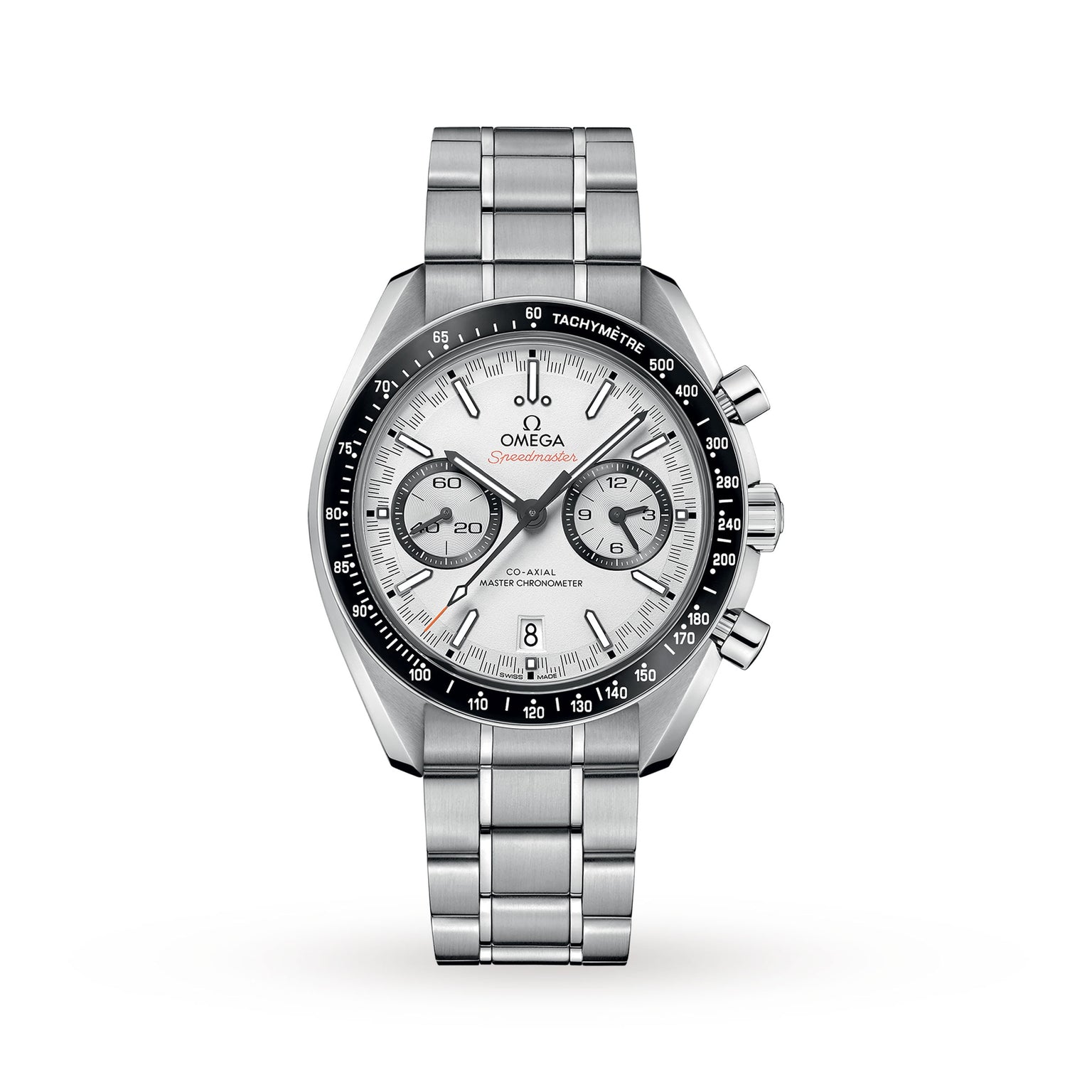 An OMEGA Speedmaster Racing stainless steel chronograph wristwatch with a white dial, black bezel, and metal bracelet featuring the 9900 calibre movement, shown on a plain white background.