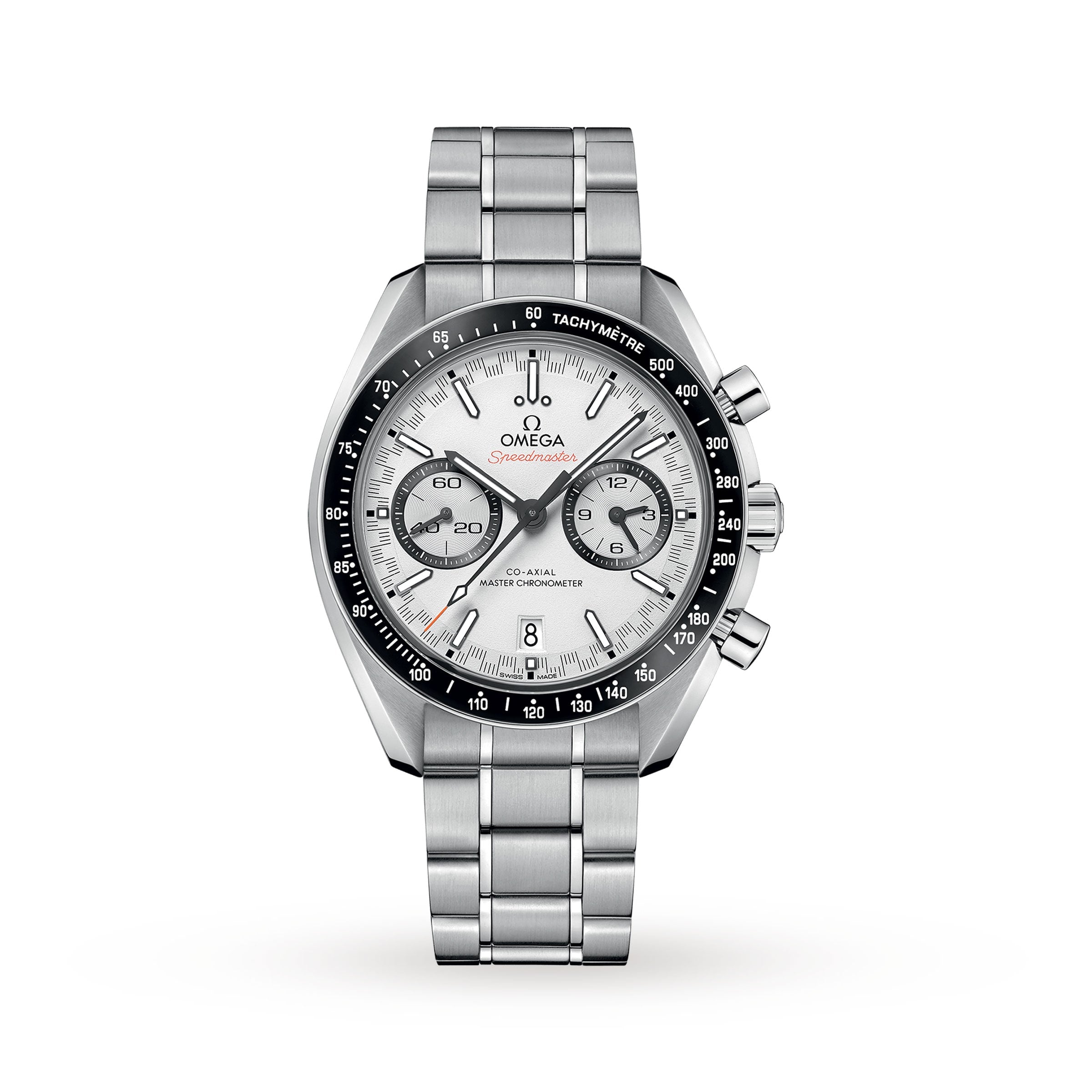 An OMEGA Speedmaster Racing stainless steel chronograph wristwatch with a white dial, black bezel, and metal bracelet featuring the 9900 calibre movement, shown on a plain white background.