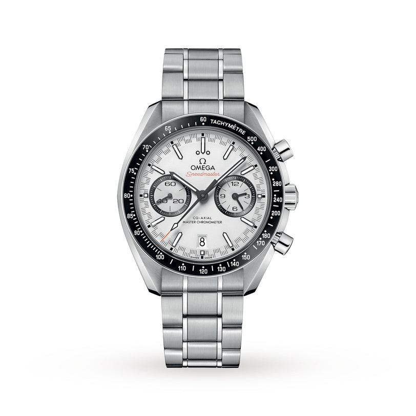 An OMEGA Speedmaster Racing stainless steel chronograph wristwatch with a white dial, black bezel, and metal bracelet featuring the 9900 calibre movement, shown on a plain white background.