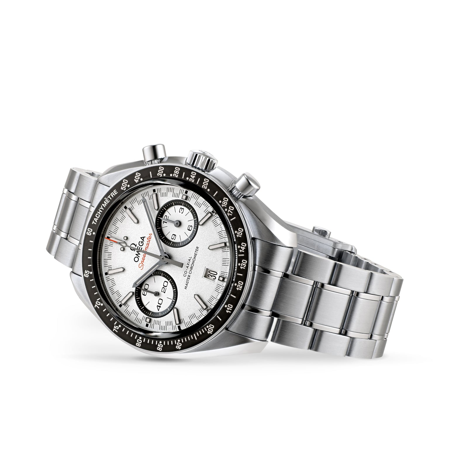 The OMEGA Speedmaster Racing features a stainless steel case, white dial, black bezel, silver bracelet, and 9900 calibre movement, all shown in an angled side view.