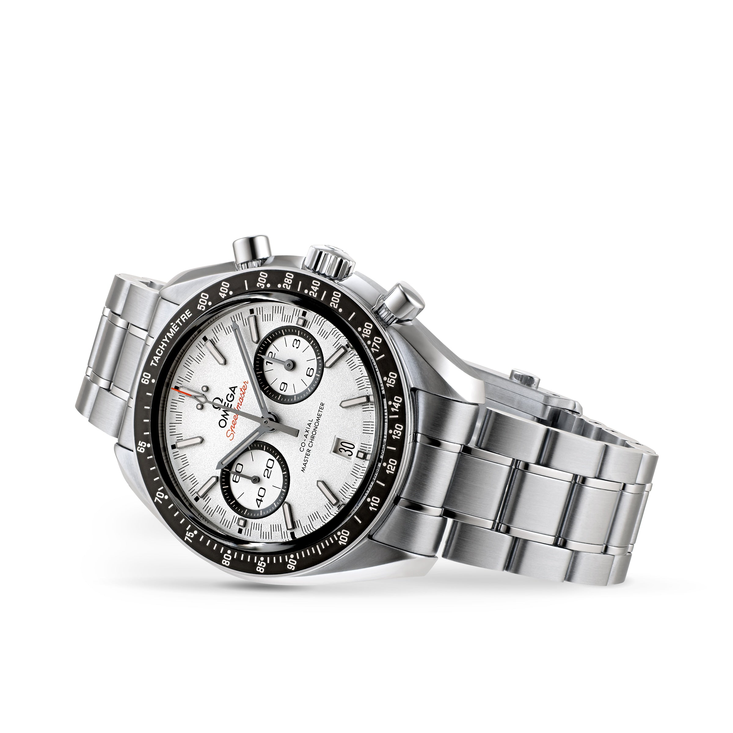 The OMEGA Speedmaster Racing features a stainless steel case, white dial, black bezel, silver bracelet, and 9900 calibre movement, all shown in an angled side view.