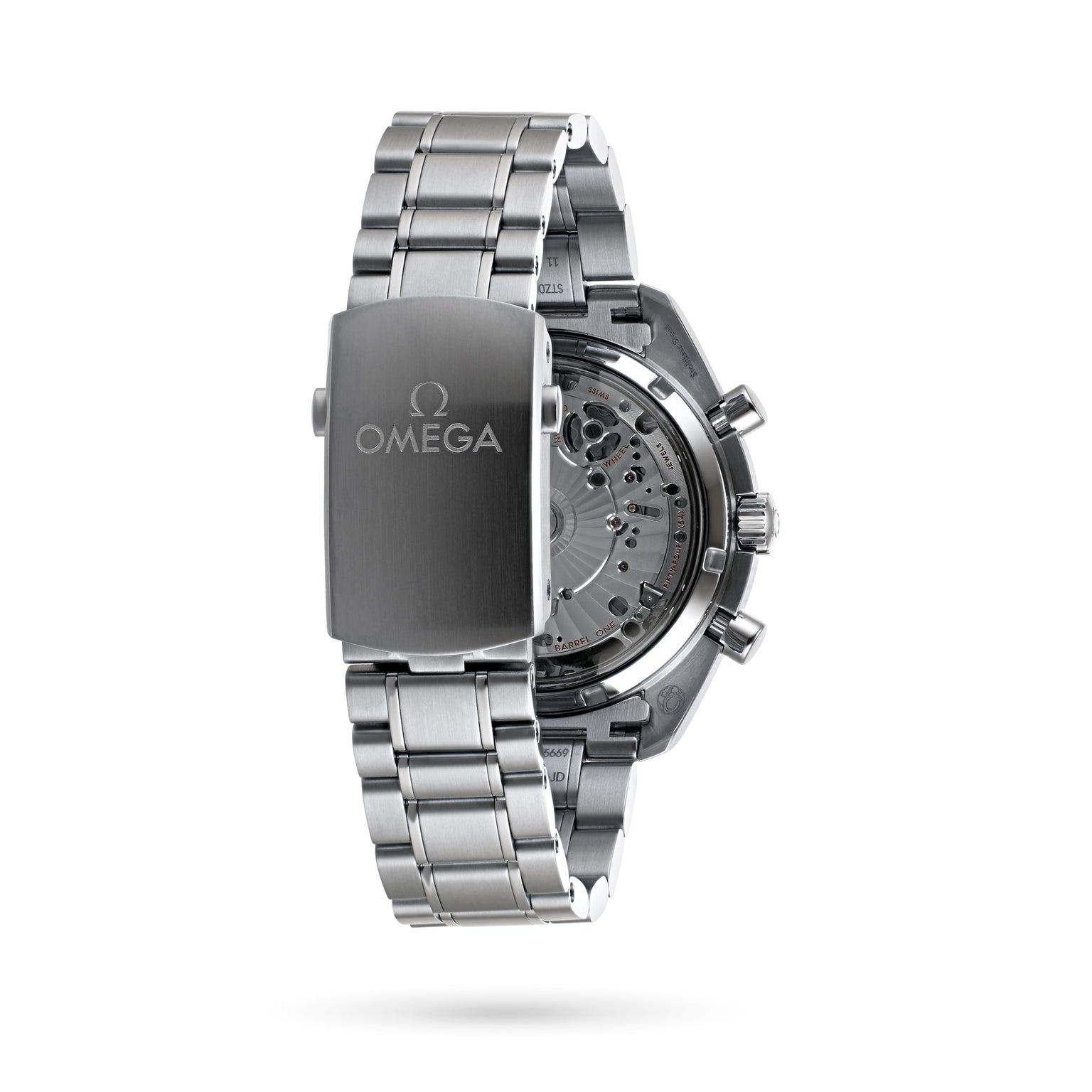 An OMEGA Speedmaster Racing stainless steel chronograph wristwatch with an open clasp, featuring the brand logo and a transparent case back that displays the 9900 calibre movement.