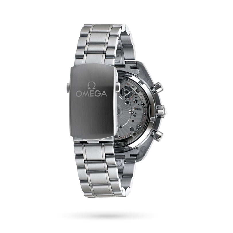 An OMEGA Speedmaster Racing stainless steel chronograph wristwatch with an open clasp, featuring the brand logo and a transparent case back that displays the 9900 calibre movement.