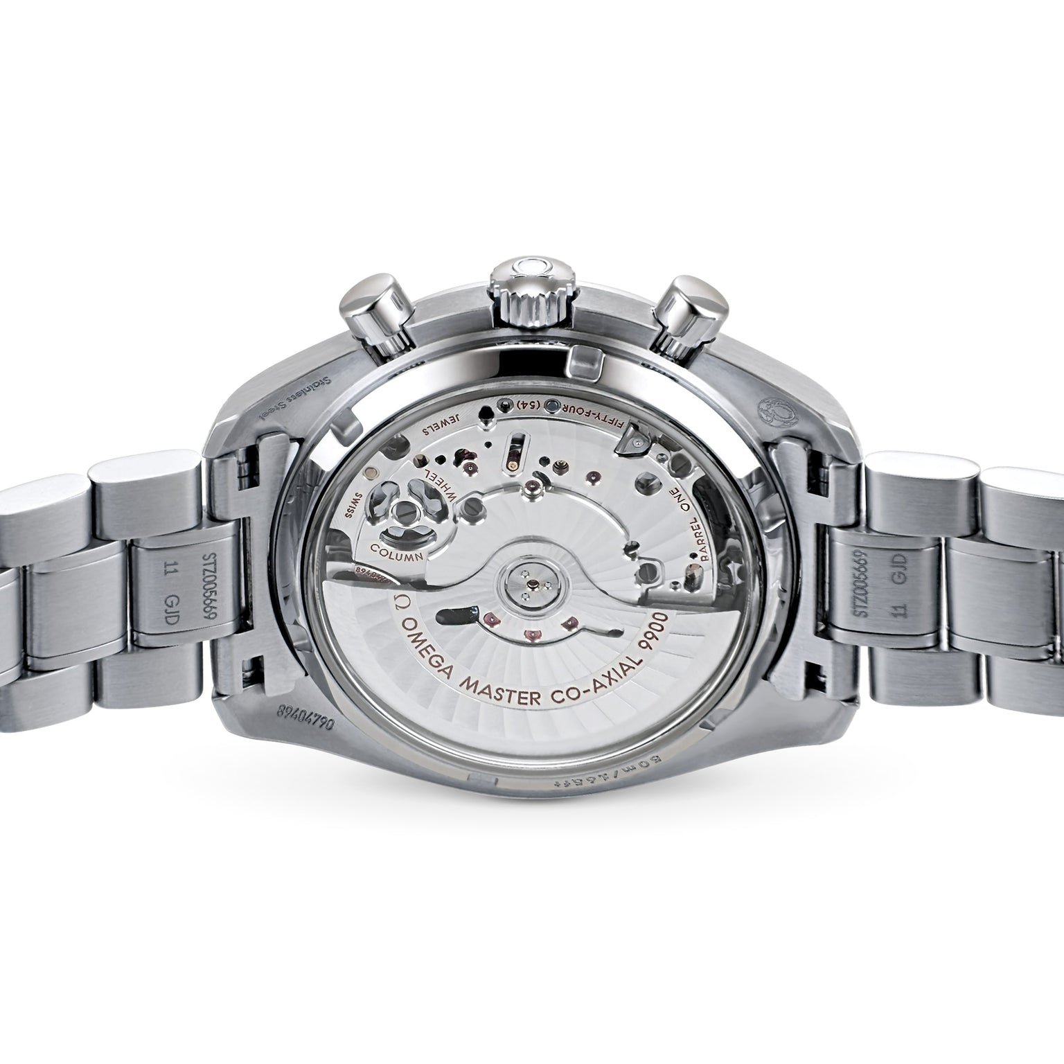 Close-up of the OMEGA Speedmaster Racings back, highlighting its exposed calibre 9900 movement and stainless steel bracelet.