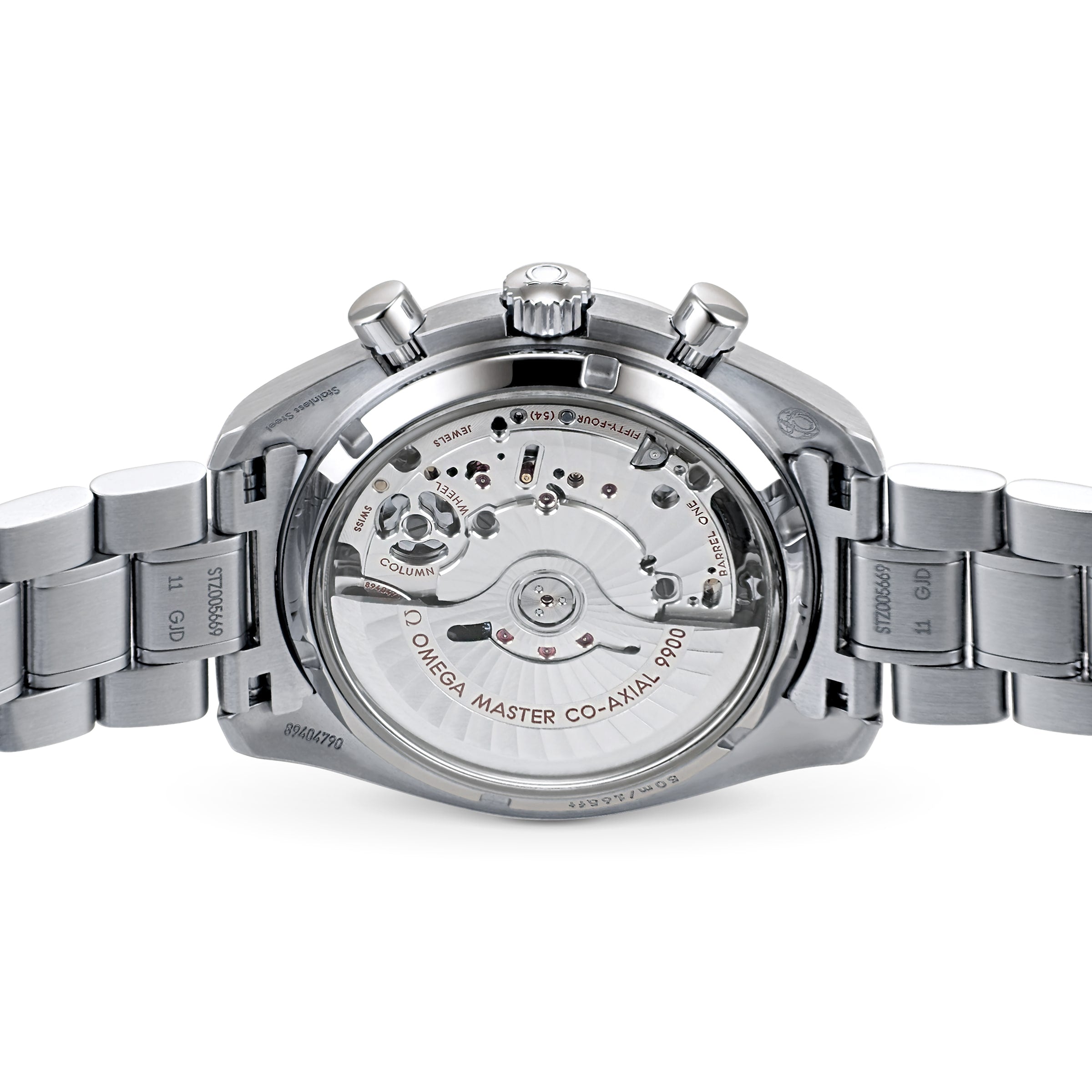 Close-up of the OMEGA Speedmaster Racings back, highlighting its exposed calibre 9900 movement and stainless steel bracelet.