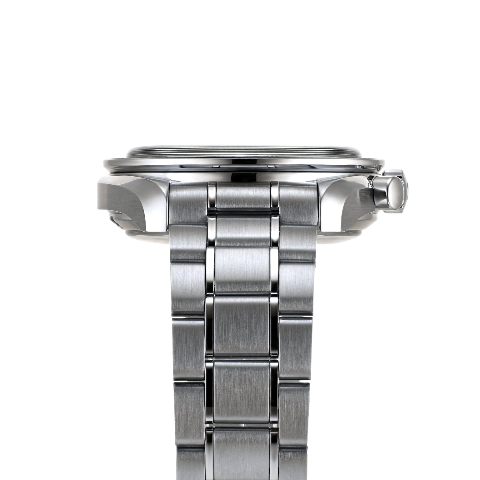 Side view of the OMEGA Speedmaster Racing chronograph wristwatch with a stainless steel case and metal link bracelet, showcasing the case, crown, and bracelet details against a white background.