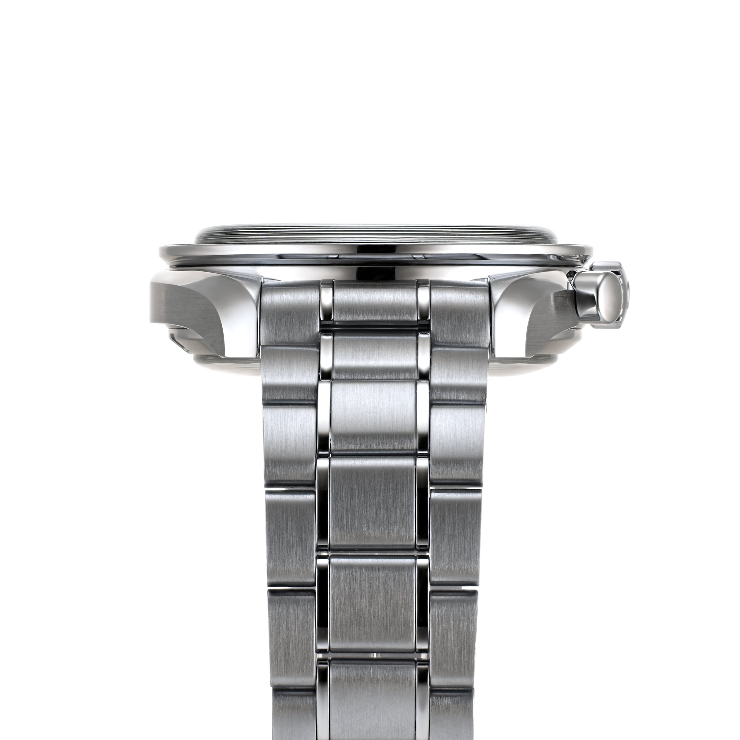 Side view of the OMEGA Speedmaster Racing chronograph wristwatch with a stainless steel case and metal link bracelet, showcasing the case, crown, and bracelet details against a white background.