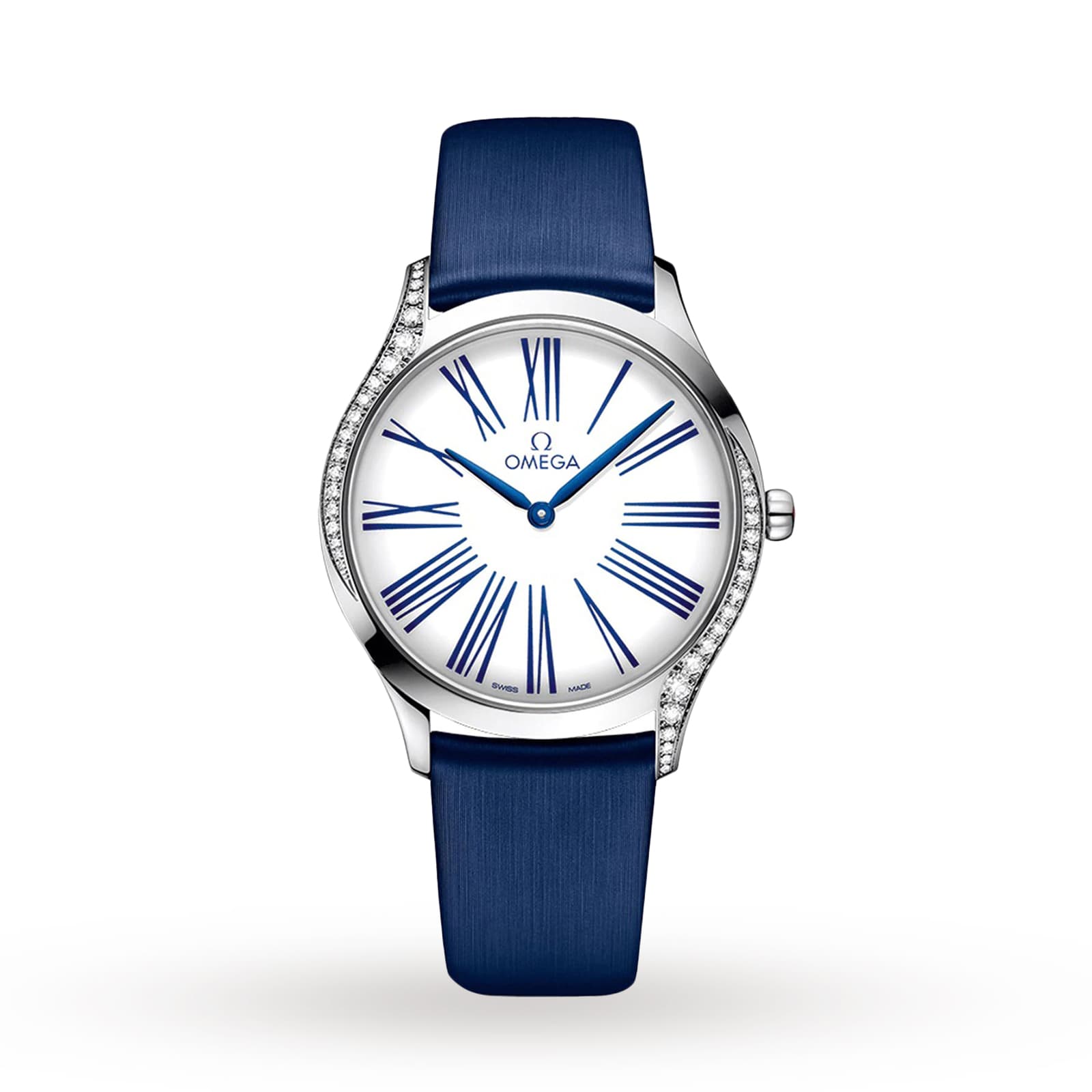 OMEGA De Ville Tresor 36 ladies’ watch with a blue leather strap, white dial featuring blue Roman numerals, and a steel bezel set with elegant diamonds on one side.