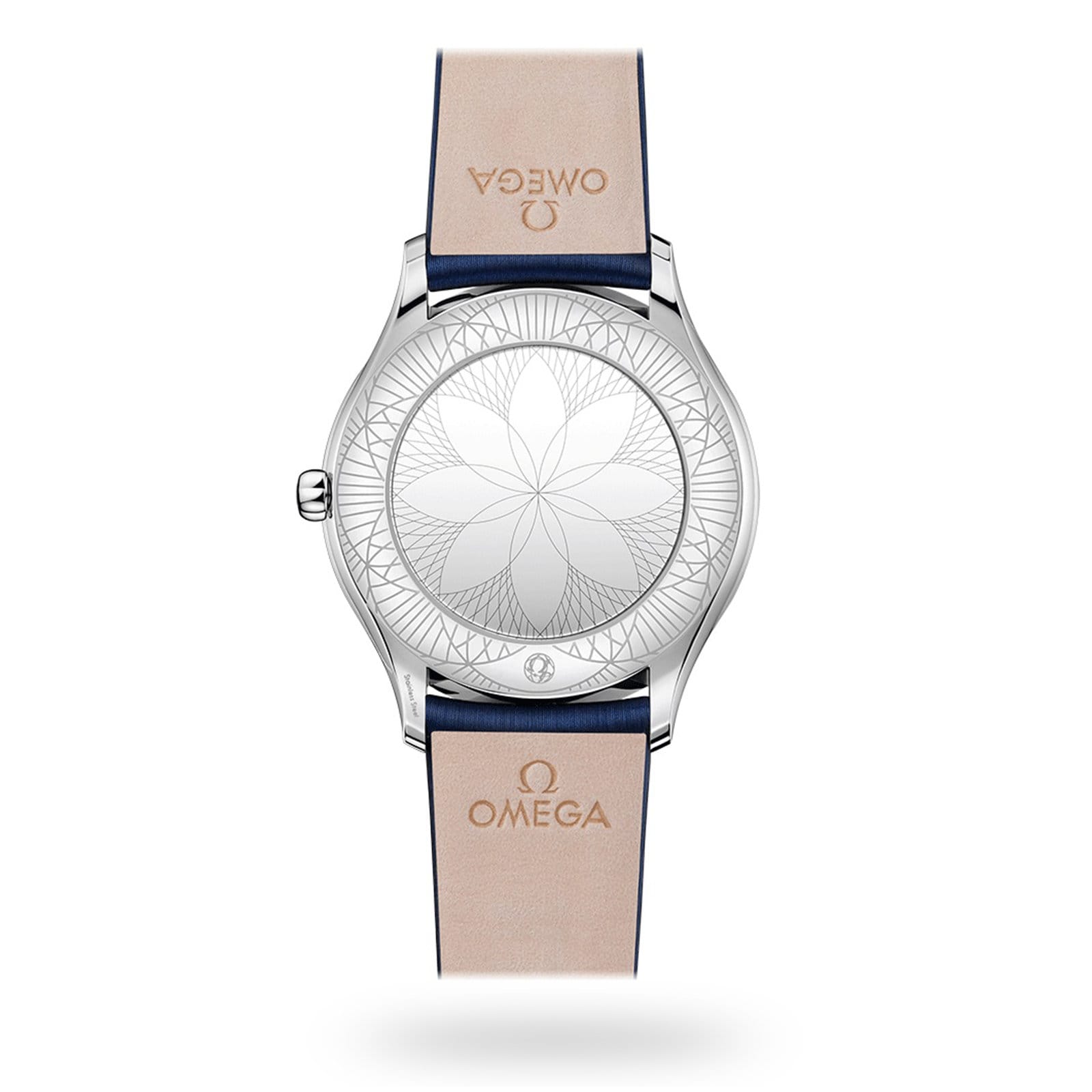 The OMEGA De Ville Tresor 36 is a luxury ladies watch with a silver case showcasing an engraved geometric floral pattern and a beige and blue leather strap embossed with the OMEGA logo.