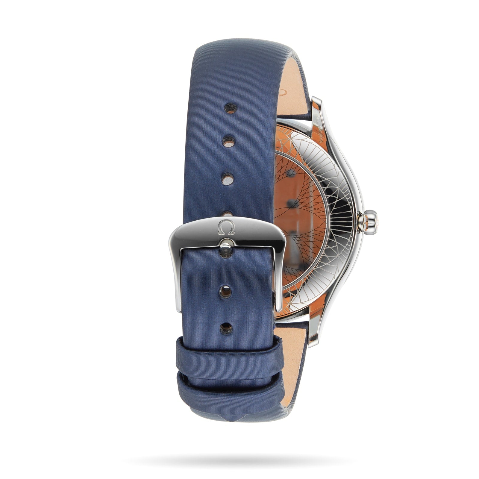 The OMEGA De Ville Tresor 36 is displayed from the back, showcasing its elegant blue leather strap, silver buckle, and a partial side view of the watch case.