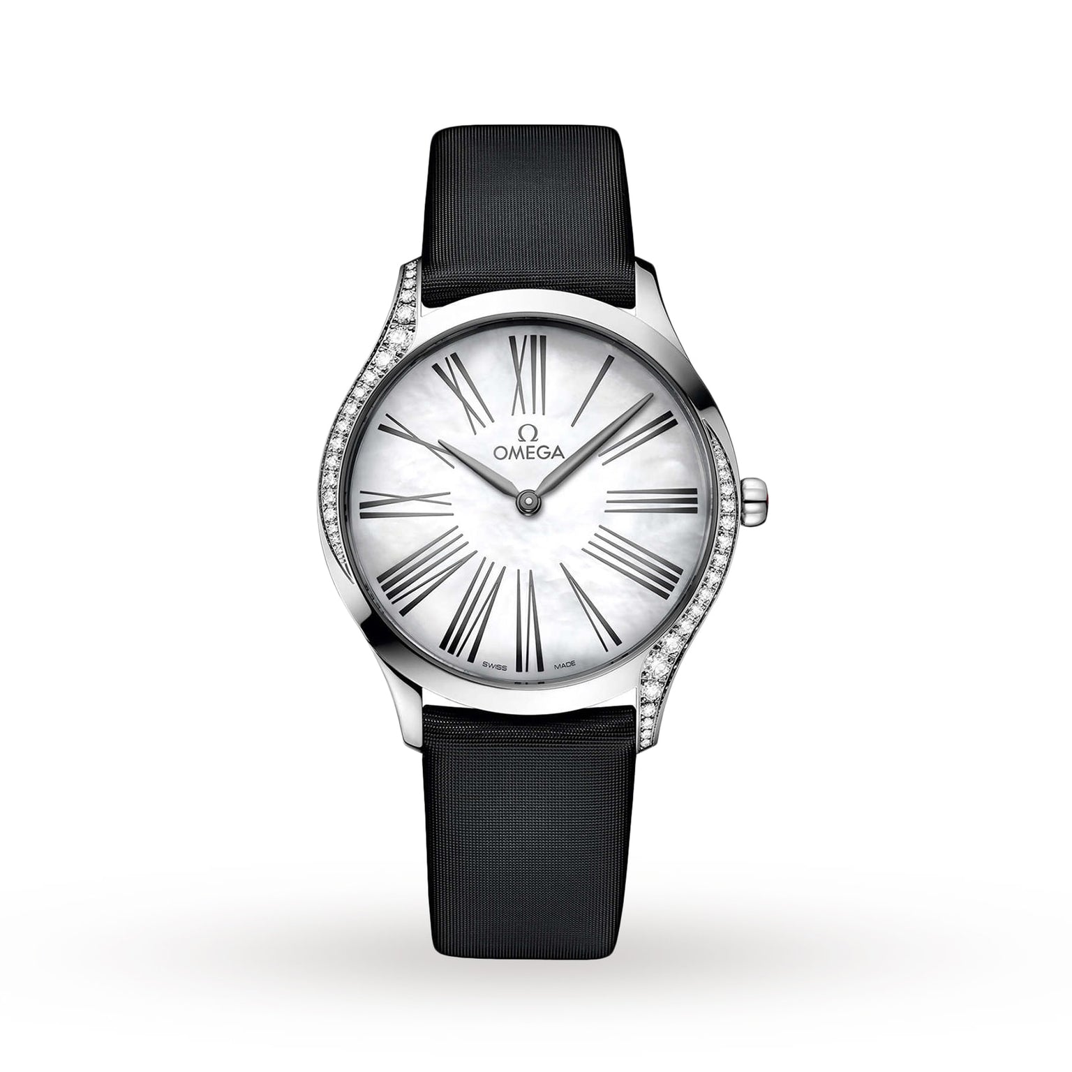 The OMEGA De Ville Tresor 36, a silver ladies’ watch with a white dial, black Roman numerals, diamond-paved case accents, and black strap is displayed against a plain white background.