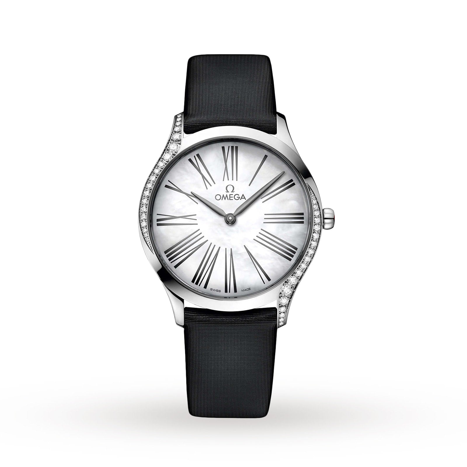 The OMEGA De Ville Tresor 36, a silver ladies’ watch with a white dial, black Roman numerals, diamond-paved case accents, and black strap is displayed against a plain white background.