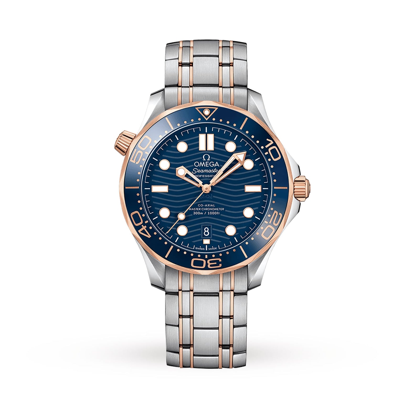 OMEGA Seamaster Diver 300M wristwatch with blue dial, gold and silver bezel, and two-tone bracelet, displayed at 10:10—a James Bond favorite powered by the OMEGA Co-Axial Master Chronometer movement.