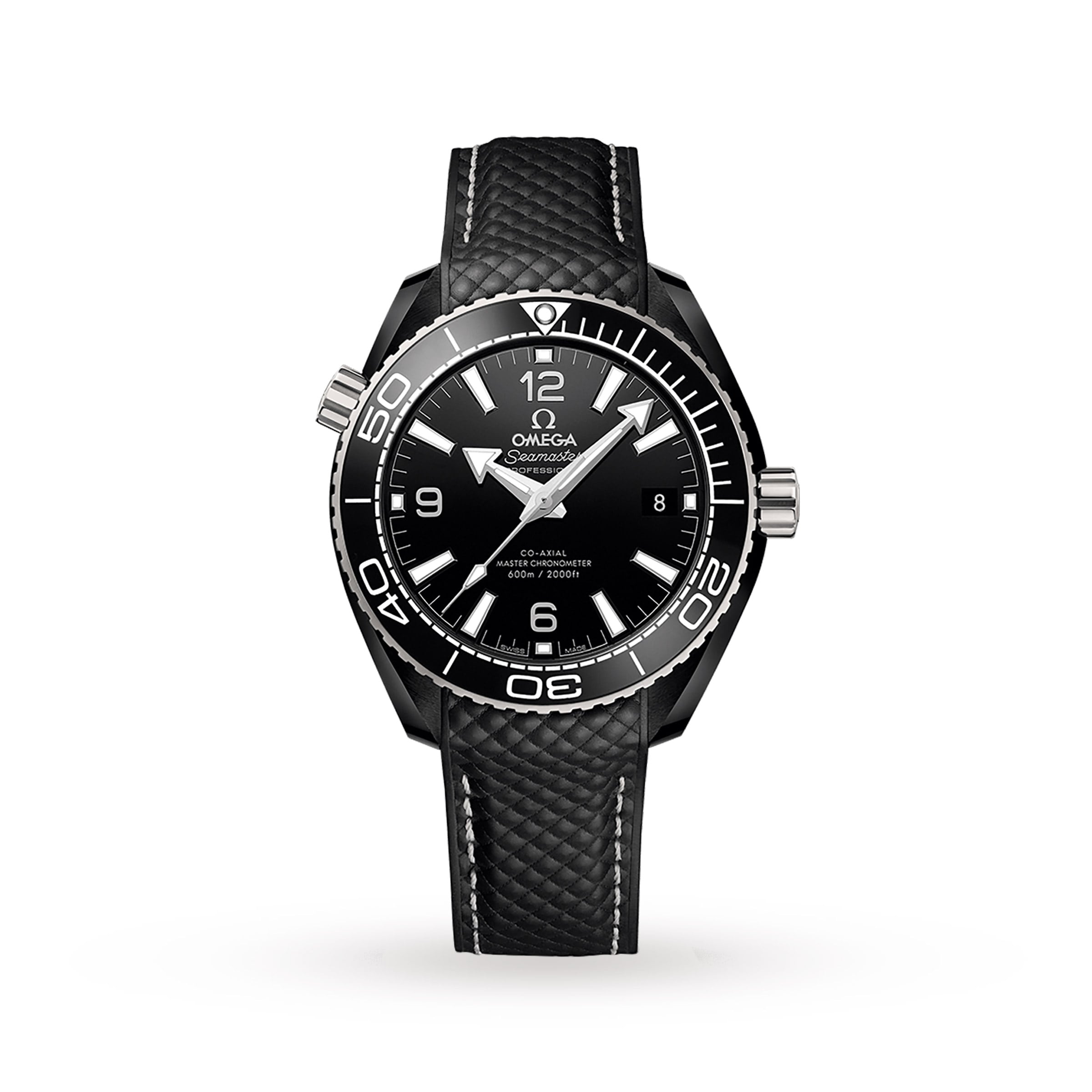 A black OMEGA Seamaster Planet Ocean 600M wristwatch with a textured strap and white hour markers, displayed on a white background.