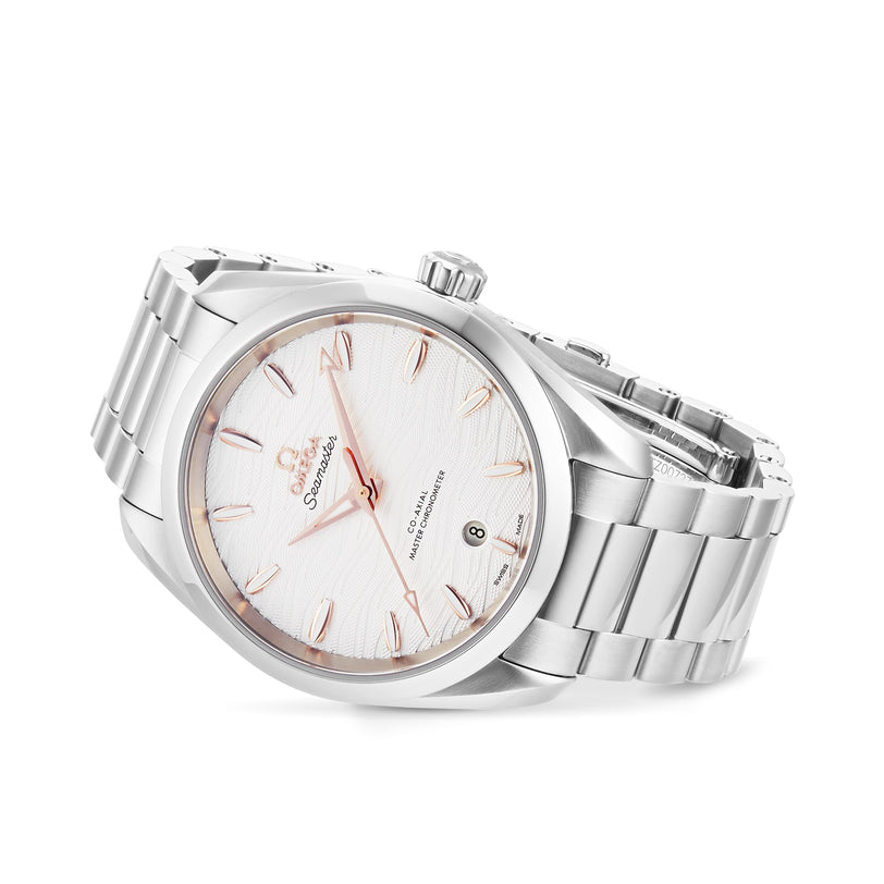 An OMEGA Seamaster Aqua Terra 150M wristwatch with a silver case, white textured dial, gold hour markers, and a date window at 6 o’clock, displayed at an angle.