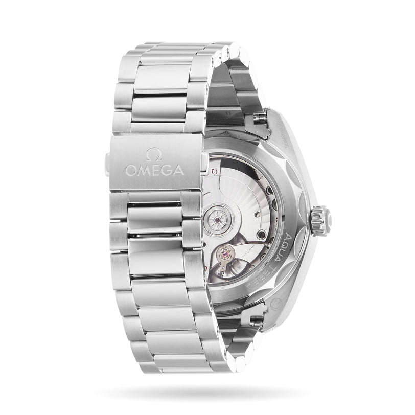 Rear view of a stainless steel OMEGA Seamaster Aqua Terra 150M, displaying its bracelet, clasp with OMEGA logo, and transparent case back revealing the Master Chronometer movement.